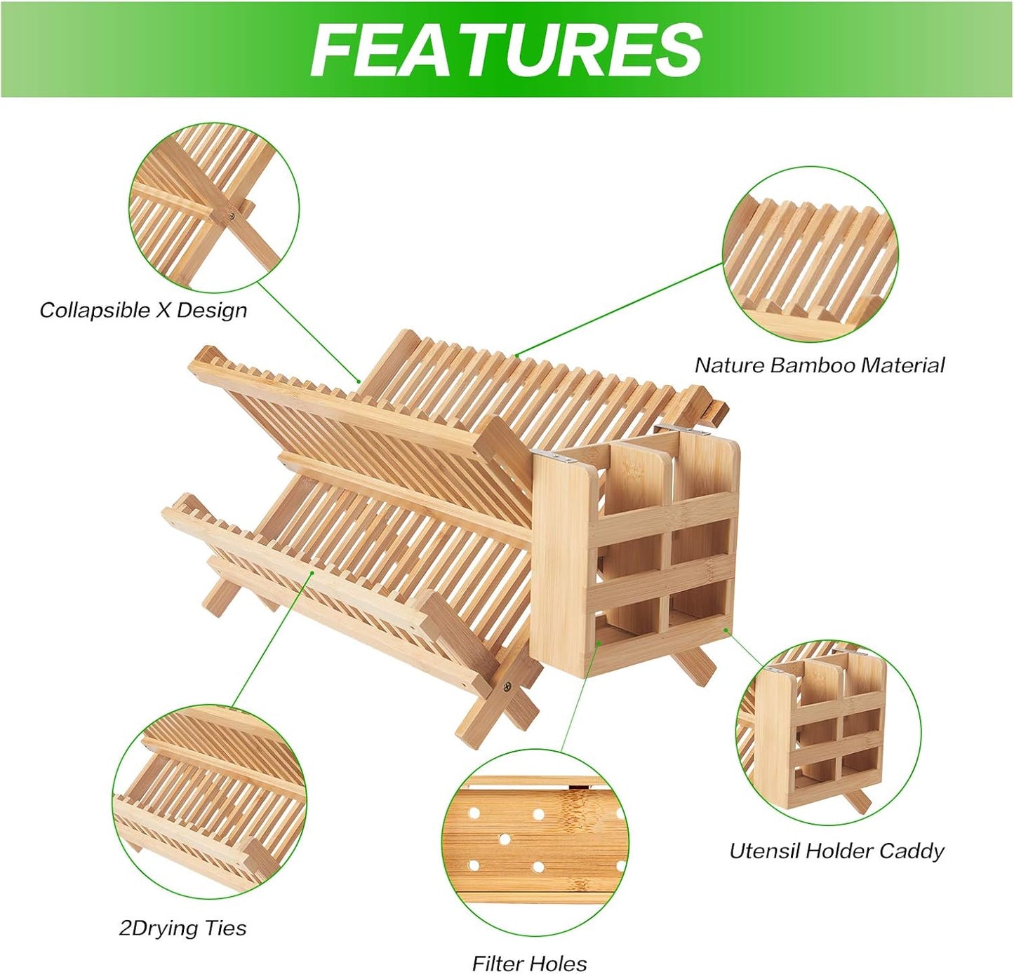 Bamboo Dish Drying Rack-2 Tier, Collapsible Small Dish Rack with Utensil Holder