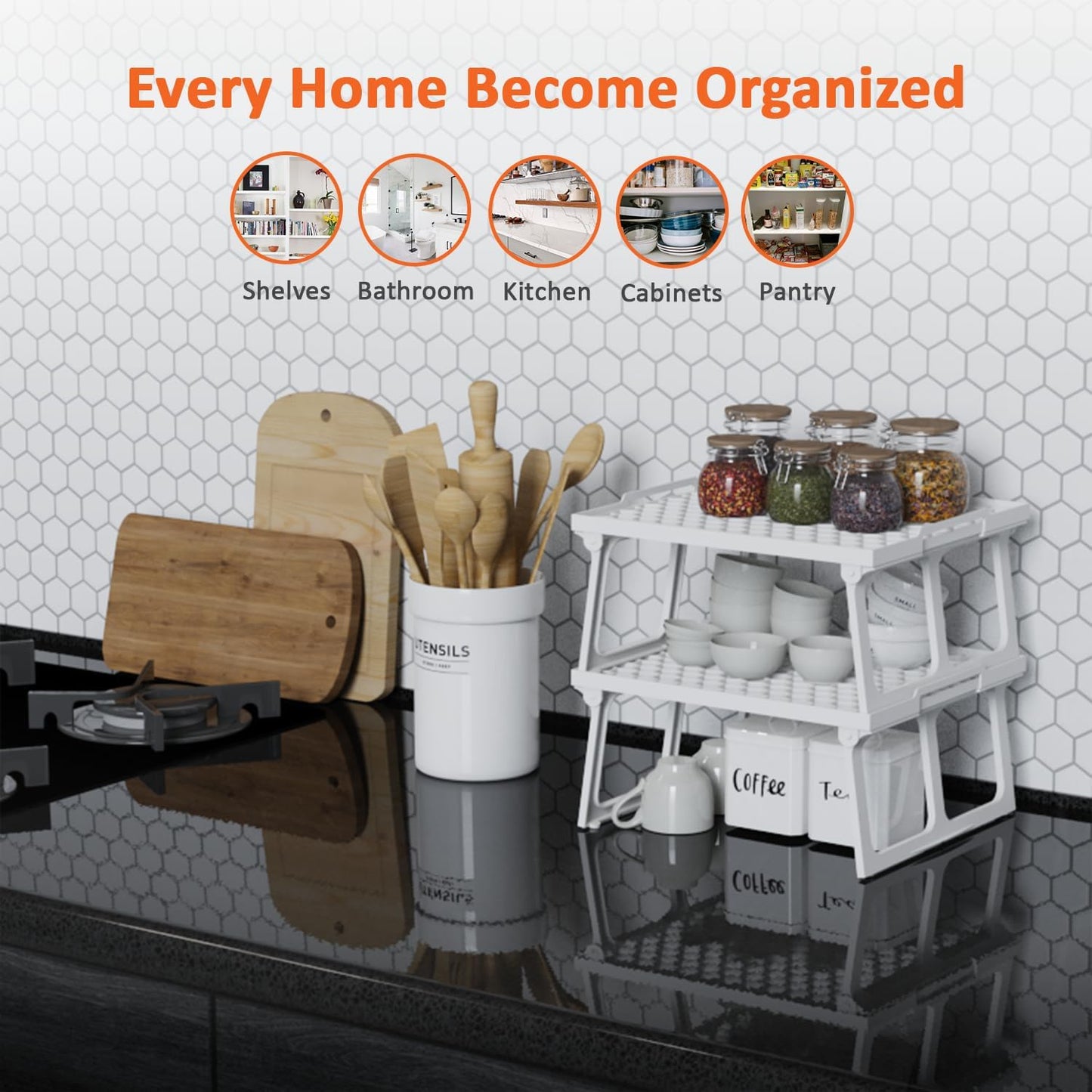 Plastic Kitchen Cabinet Shelf Organizer, White Plastic Stackable Freezer Rack, Shelf Riser