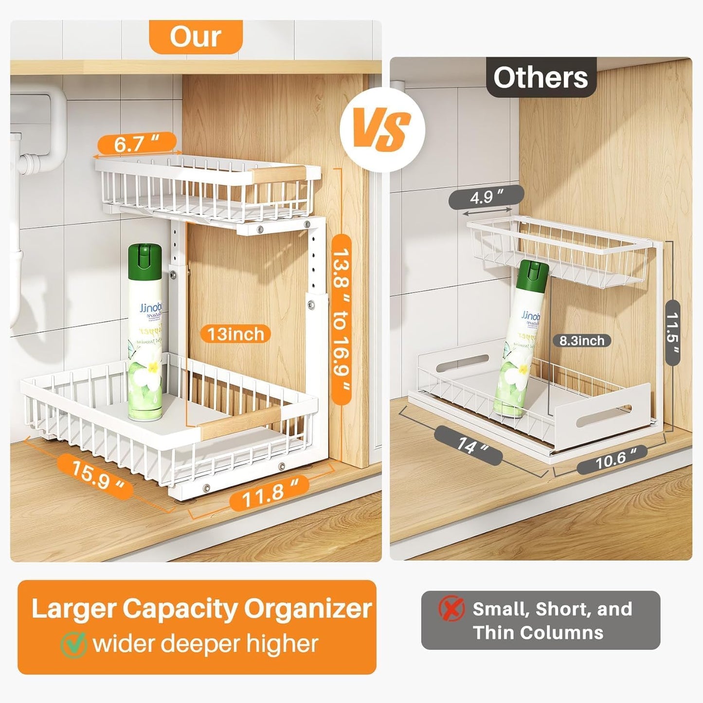 Under Sink Organizer, Adjustable Height, 2 Tier Pull Out Under Cabinet Organizer