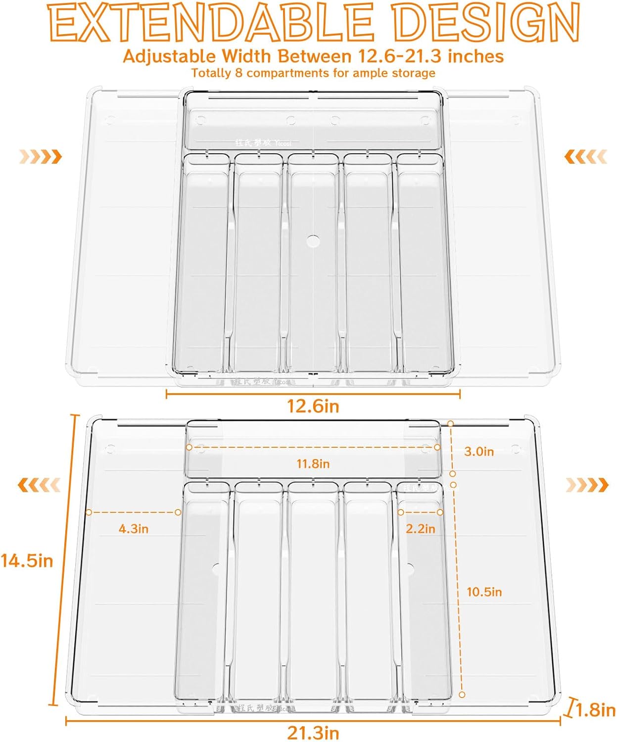 Clear Expandable Silverware Drawer Organizer - Adjust From 11'' to 22''