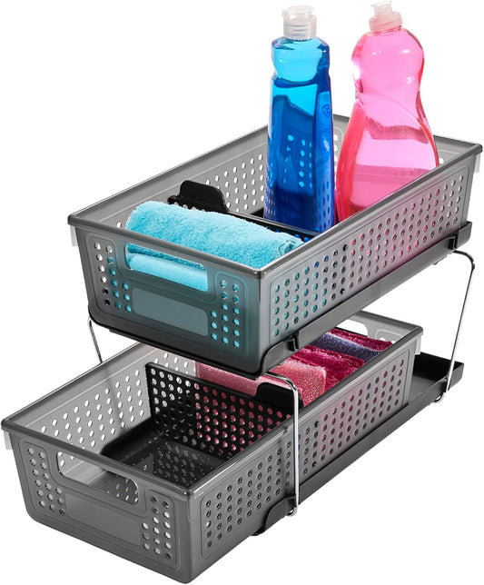 Two-Tier Under Cabinet Organizer, Sliding Drawer Storage for Cleaning Supplies & Bottles, Carbon
