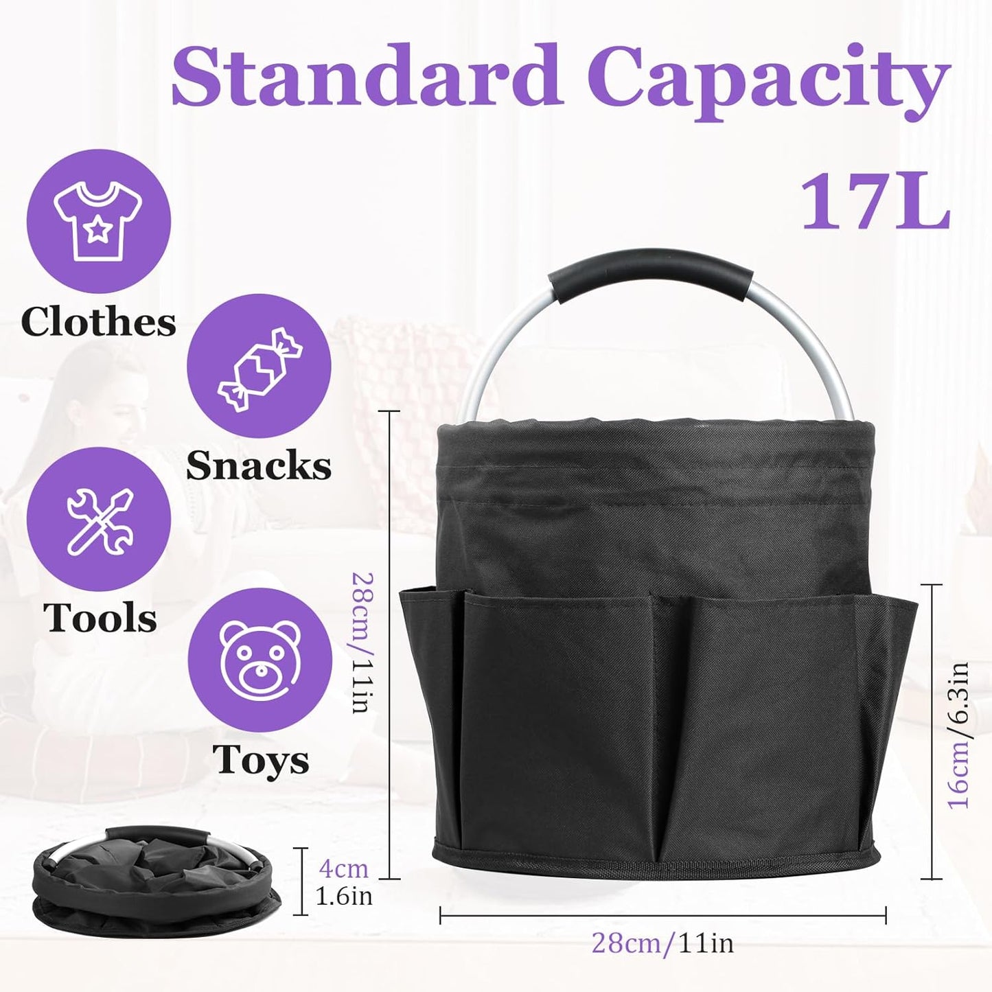 17L Cleaning Caddy with Handle and 6 Pockets, Foldable Cleaning Supply Caddy