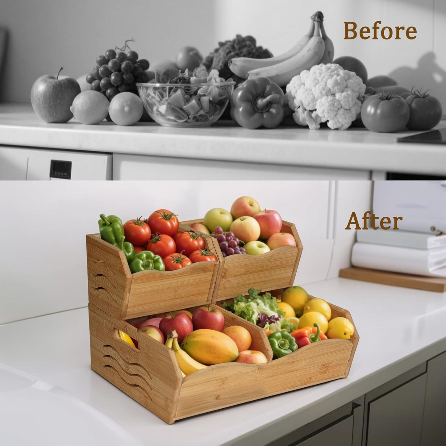 3 Pieces Bamboo Pantry Storage Bins, Stackable Pantry Baskets with Handle