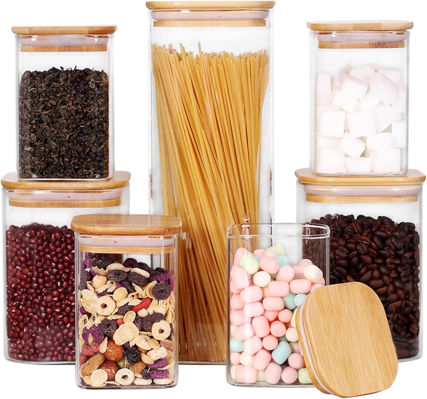 Glass Storage Canister with Wooden Lid, Set of 7 Square Glass Jars with Bamboo Lids