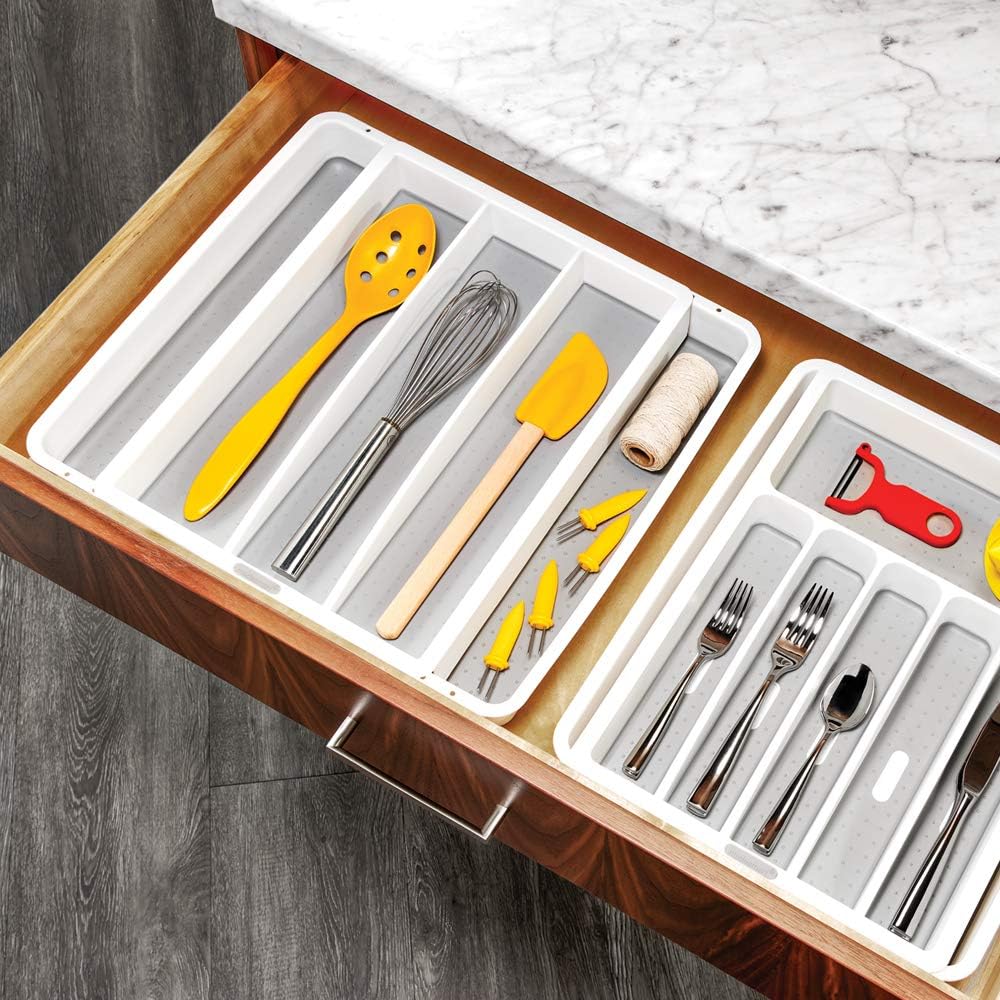 Expandable Utensil Tray-White | Classic Collection | 5-Compartments | Kitchen Organizer | Soft-Grip Lining and Non-Slip Rubber Feet | Easy to Clean | BPA-Free
