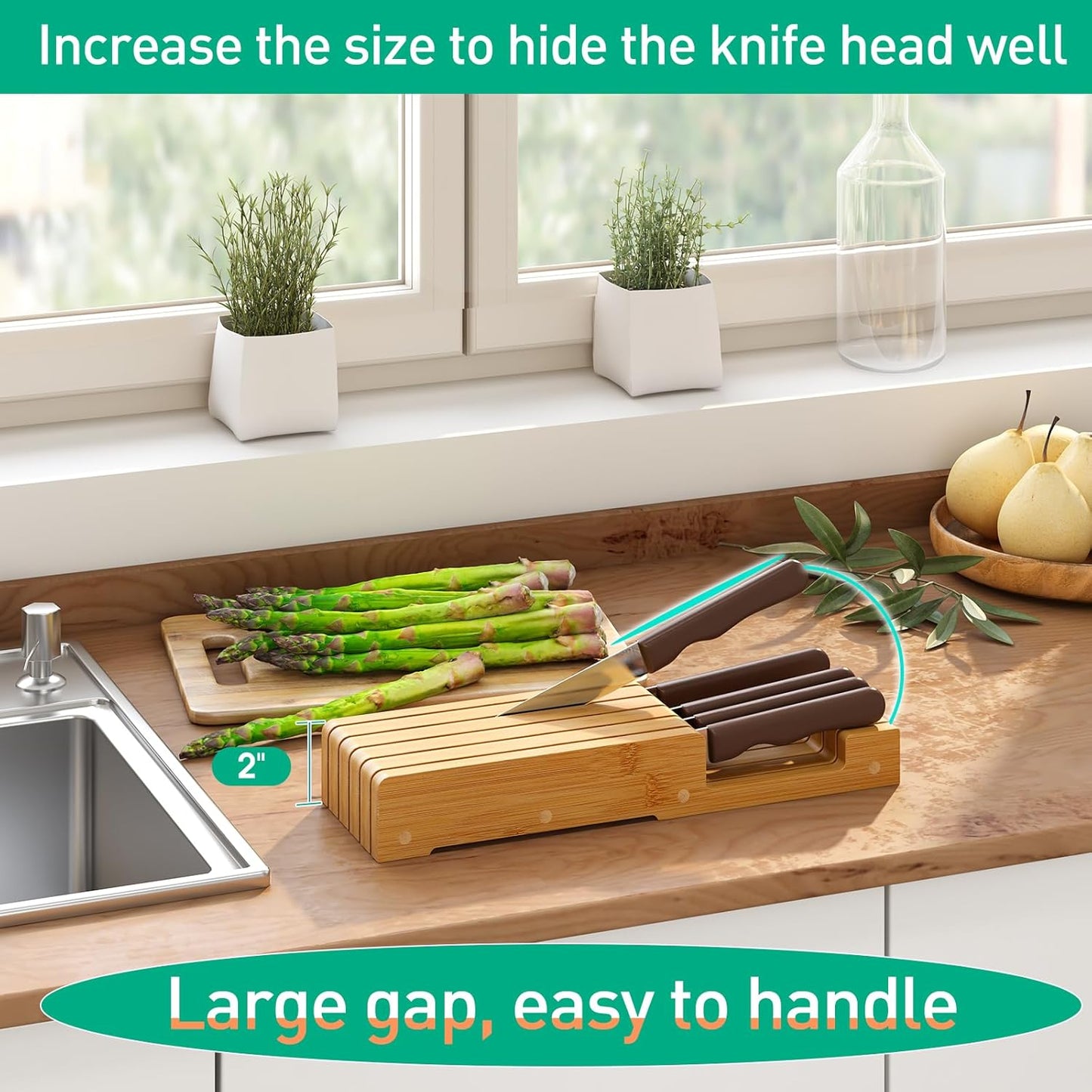 Knife Organizer Drawer Insert, In-Drawer Bamboo Wood Knife Block