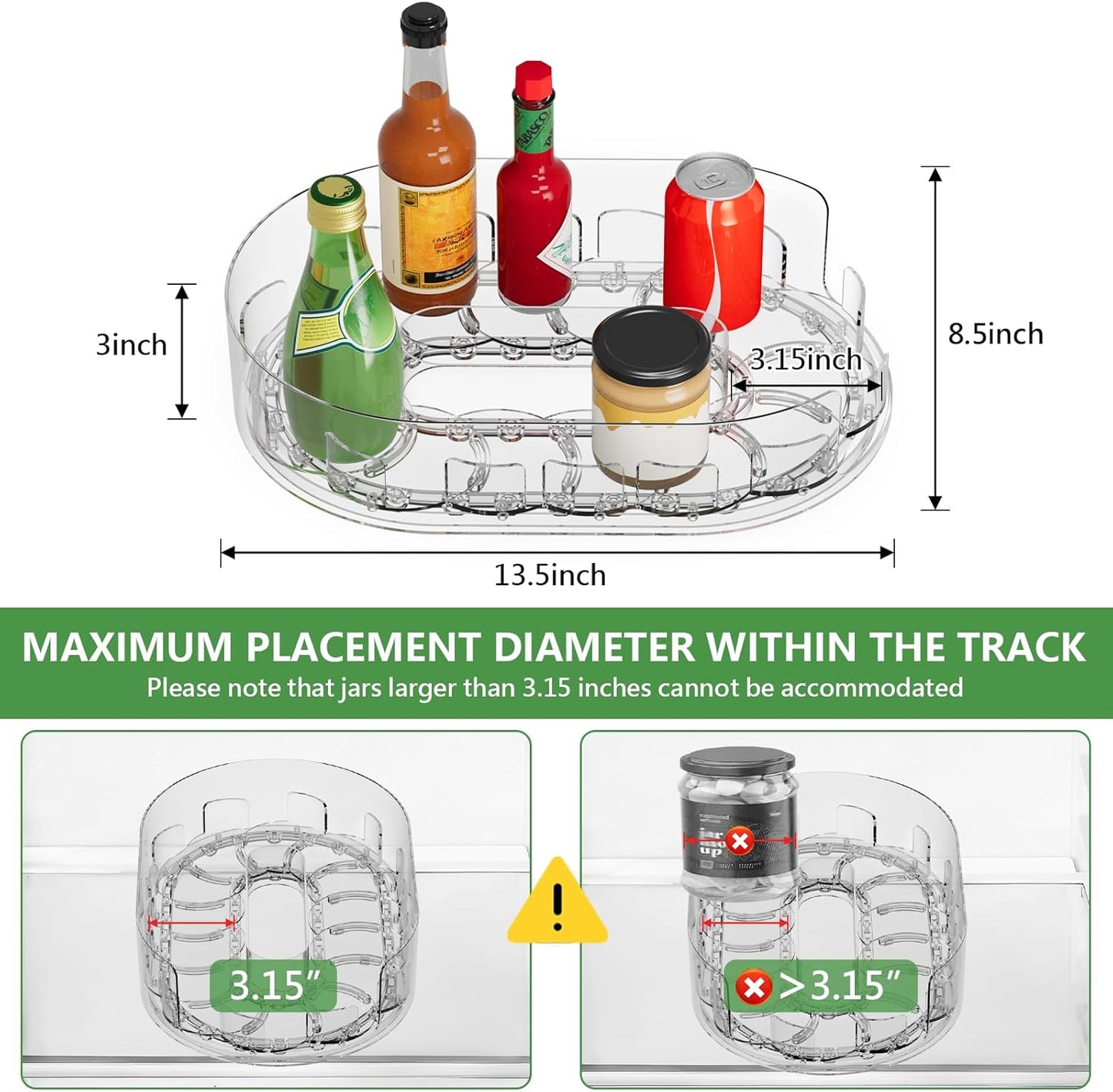 Lazy Susan Organizer for Refrigerator, 13.5'' x 8.5'' Clear Rectangular Turntable Fridge Organizer for Condiments in Refrigerator, Cabinet, Pantry, or Kitchen Countertop (1 Pack)