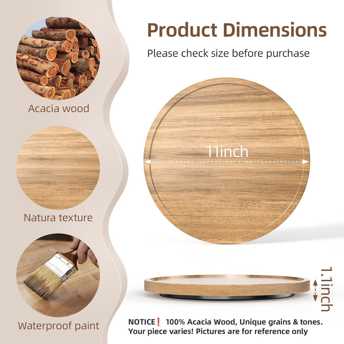 LAMU 11'' Acacia Wood Lazy Susan Organizer for Table Top