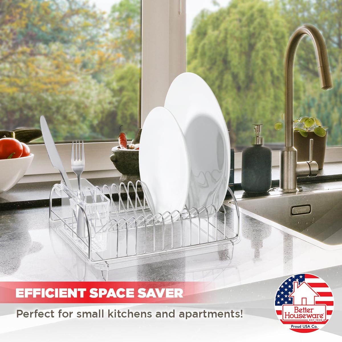 Stainless Steel Dish Drainer with Clear Plastic Tray and Cutlery Holder