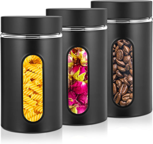 3 Pcs Stainless Steel Canister Set with Glass Windows Visible Storage Jars Silver Kitchen Canister Set for Pasta Flour Oat Sugar Container, Kitchen Tools, Housewarming Gifts(Black,32 oz)