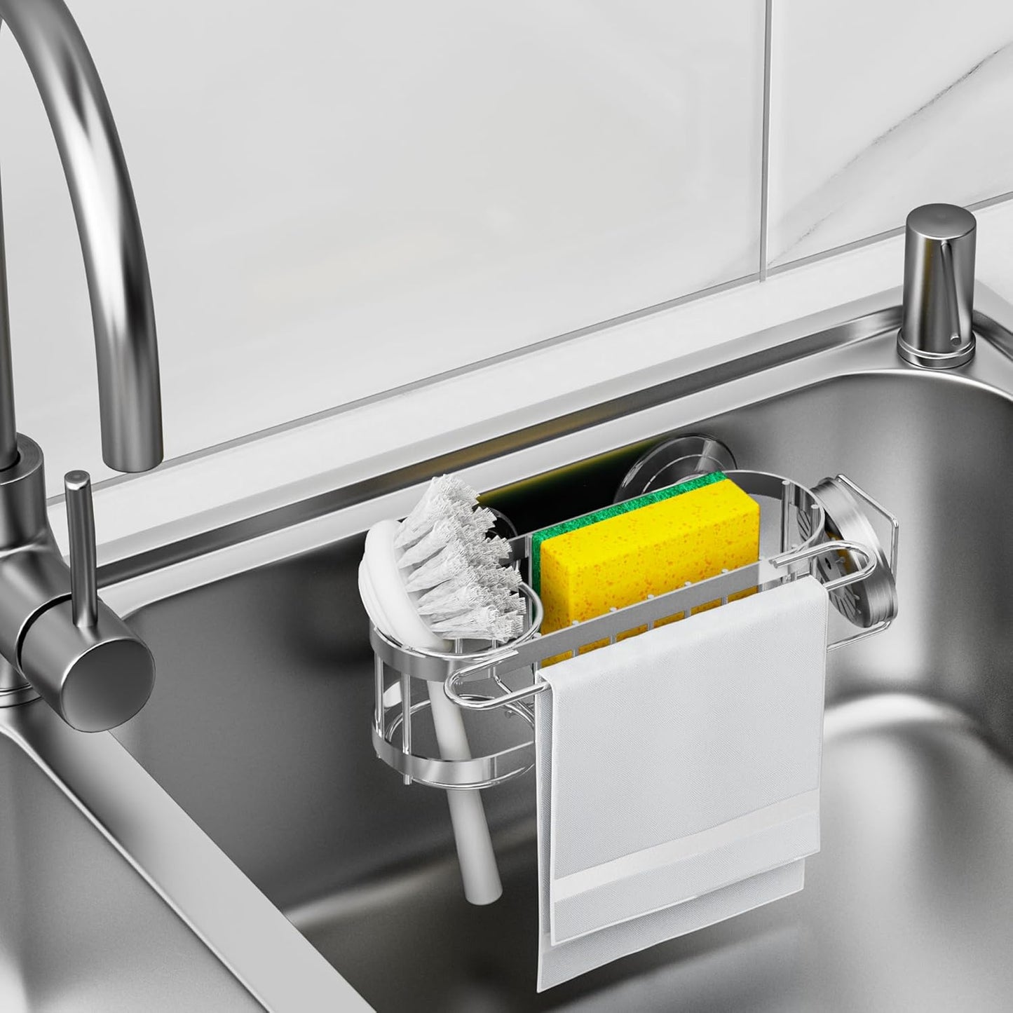 Kitchen Sink Caddy Sponge Holder in The Sink, Stainless Steel Kitchen Sink Organizer, Brush Holder
