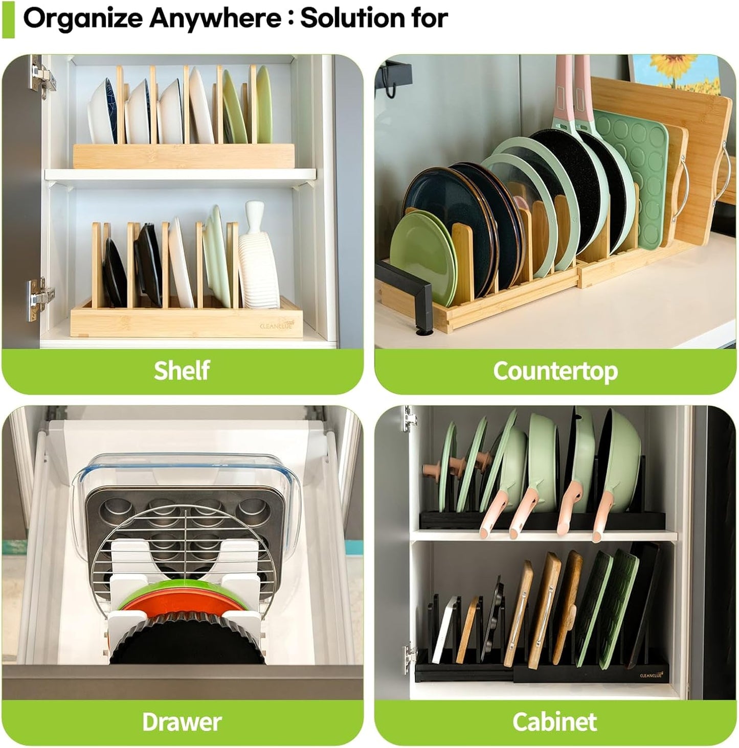 Pots and Pans Organizer under Cabinet, Bamboo Expandable Bakeware and Cutting Board Organizers