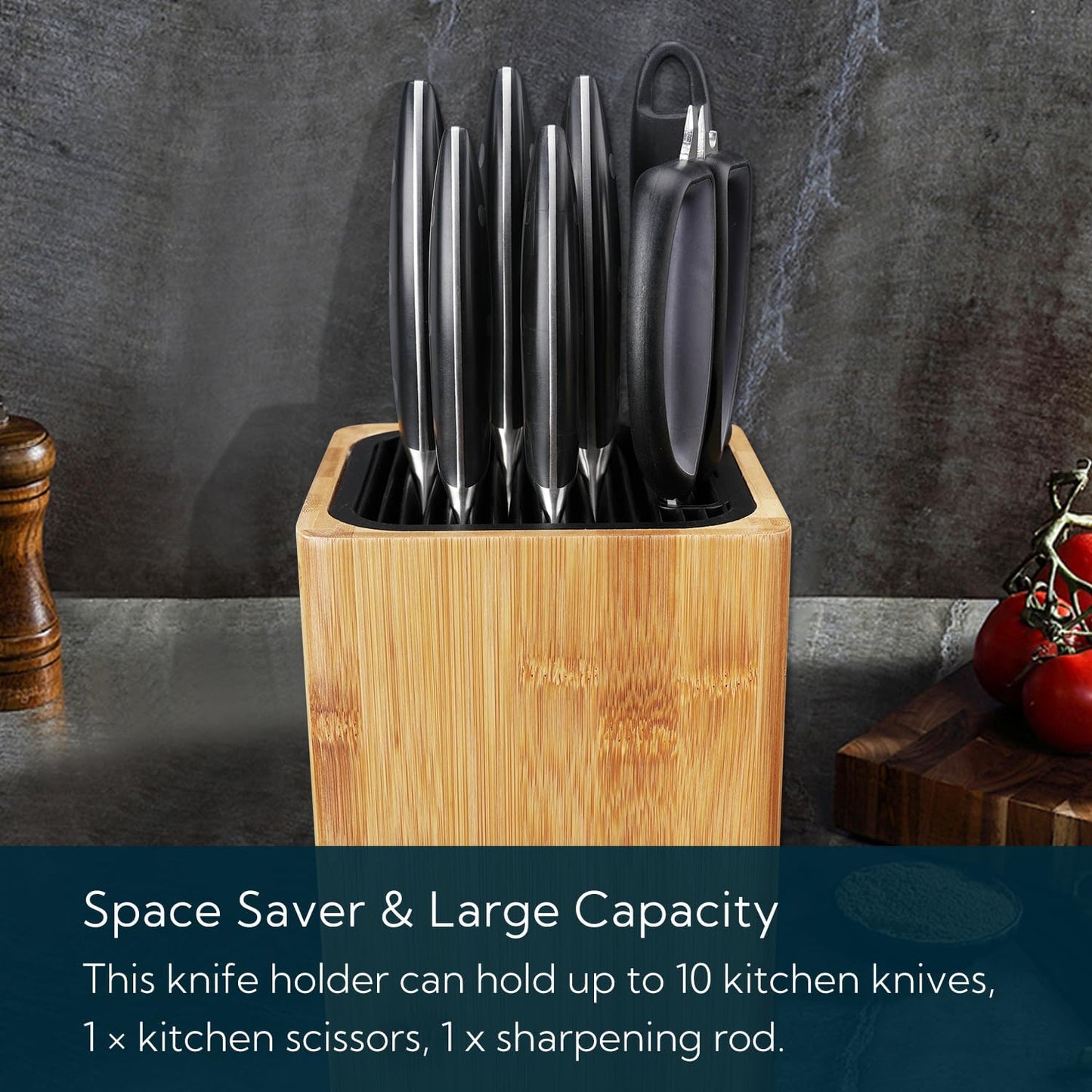 Deluxe Universal Knife Block with Slots for Scissors and Sharpening Rod