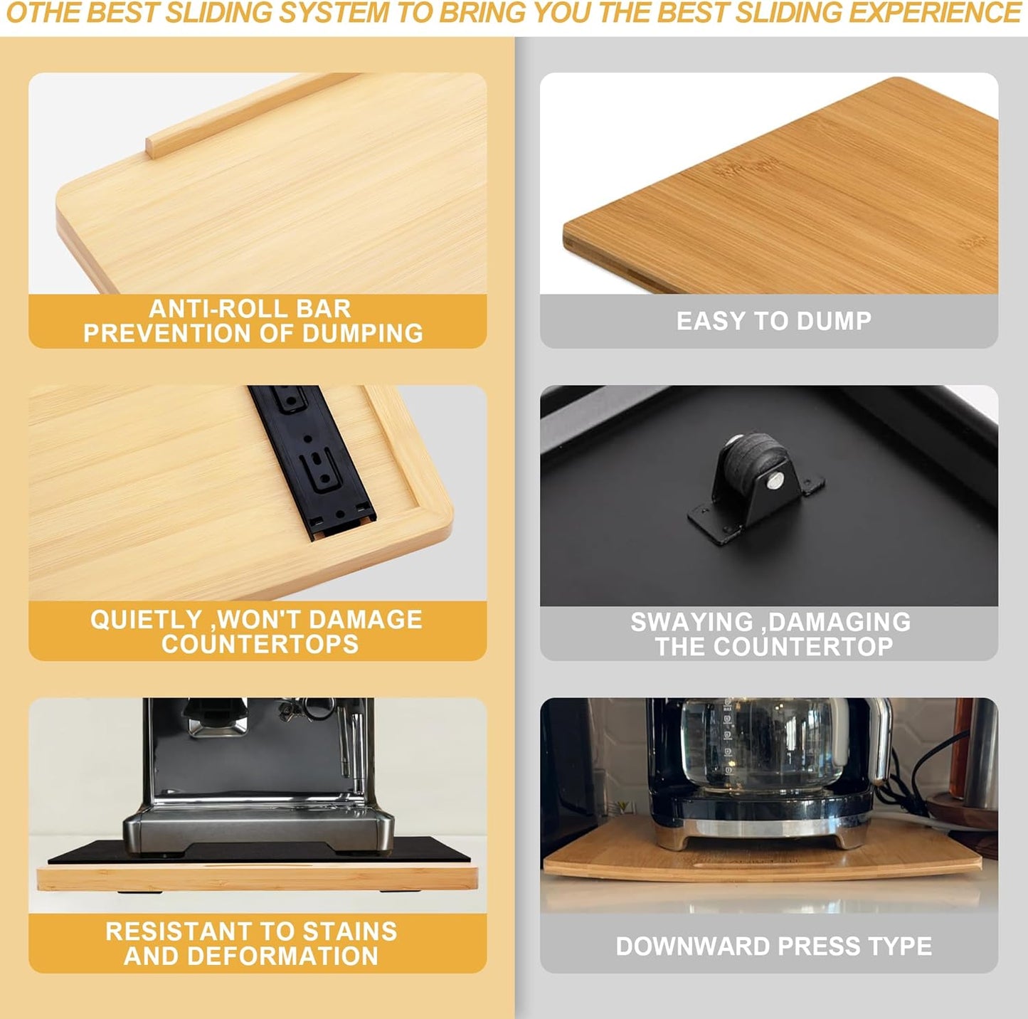 MinBoo Bamboo Appliance Slider,Sliding Tray for Coffee Maker, Kitchen Countertop Appliance Rolling Tray,Slides Easily from Under The Cabinet,Wide - Large (16" Wx13 D)