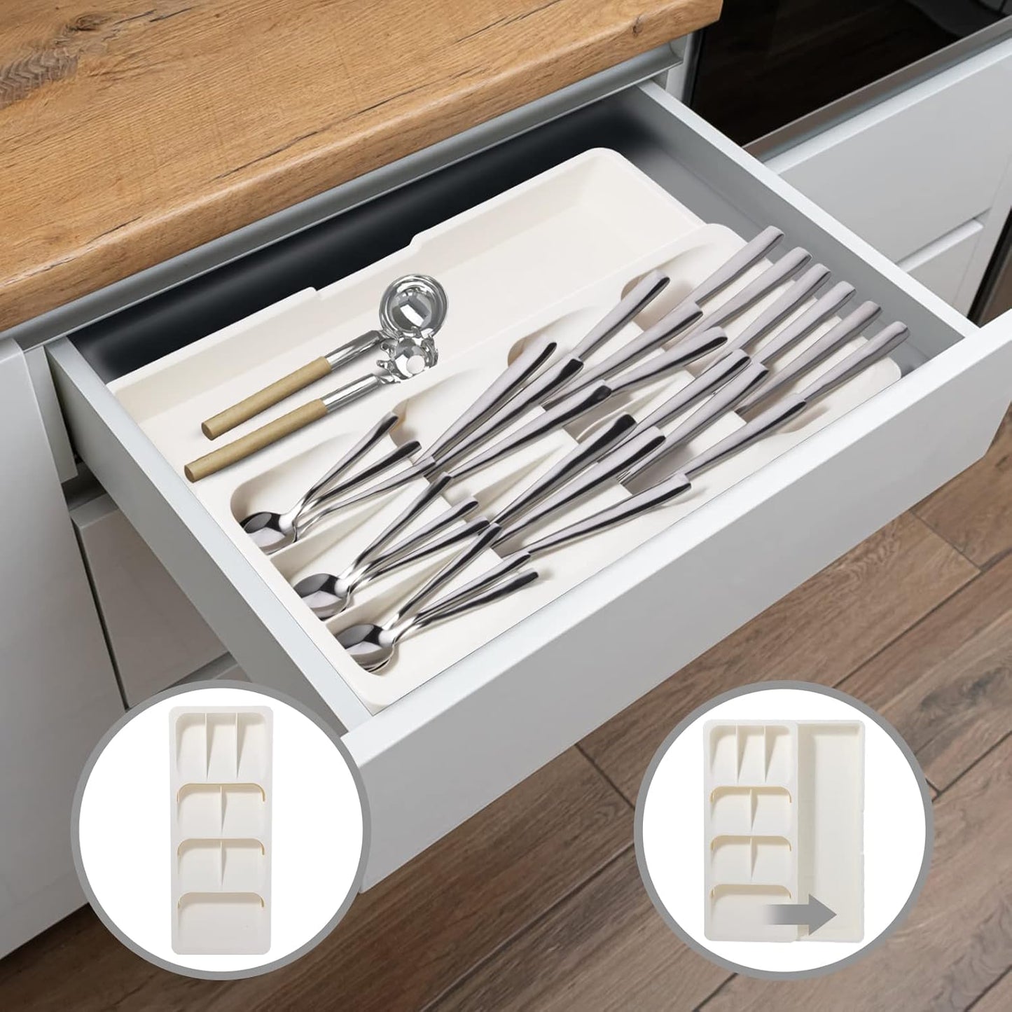 Kitchen Drawer Organizer Tray,Expandable Cutlery Silverware Organizer Storage Tray for Kitchen Drawer Flatware Spoons Forks,Creamy White