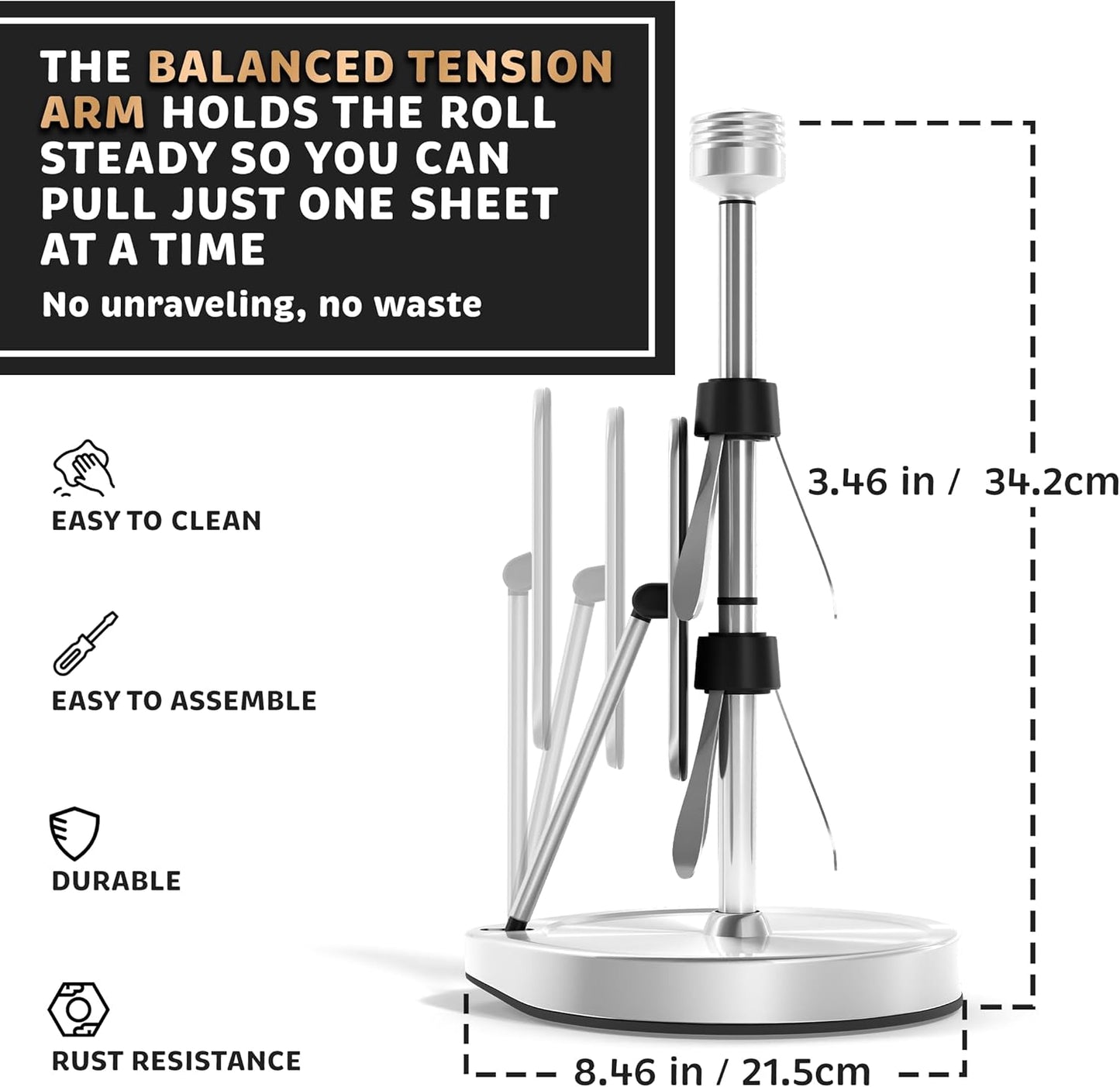 Heavy-Duty Stainless Steel Paper Towel Holder - Easy One-Handed Tear with Suction Cups