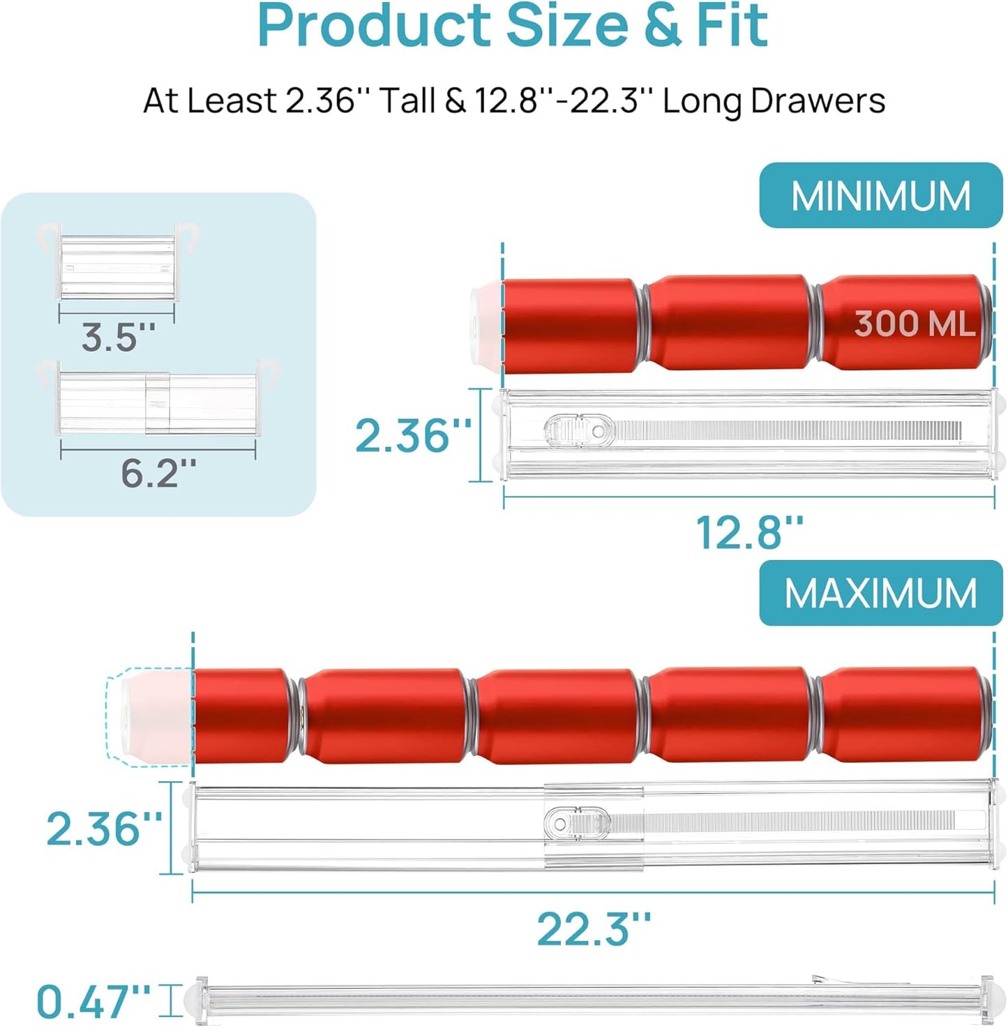 2.36” Drawer Dividers with Expandable Inserts, 12.8"-22.3" Adjustable Kitchen Drawer Organizer