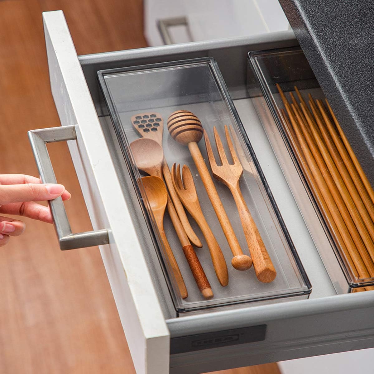 Transparent Flatware Tray Kitchen Drawer Organizer With Lid
