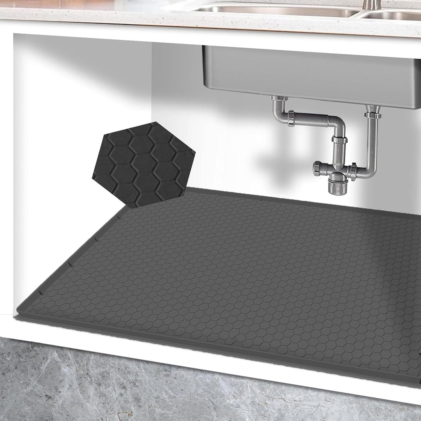 25” x 19” Silicone Under Sink Mat for Bathroom/Kitchen Cabinet Organizer Mat | Leak-Proof Waterproof Liner Pad & Anti-Spill Tray | 0.7in Edge Barrier, 3.5Gal Capacity