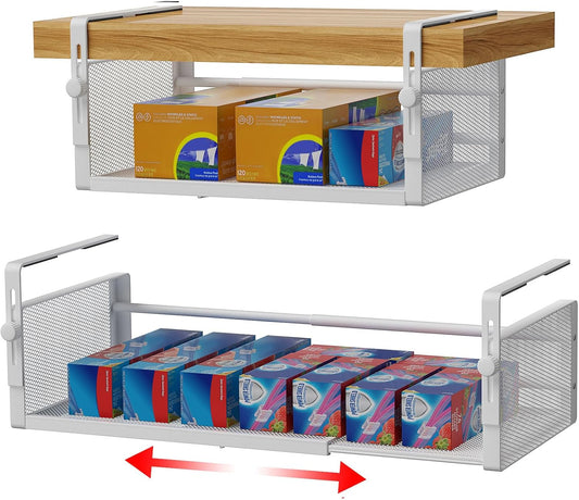 2Pack Under Shelf Basket, Adjustable Hanging Under Cabinet Shelf Storage