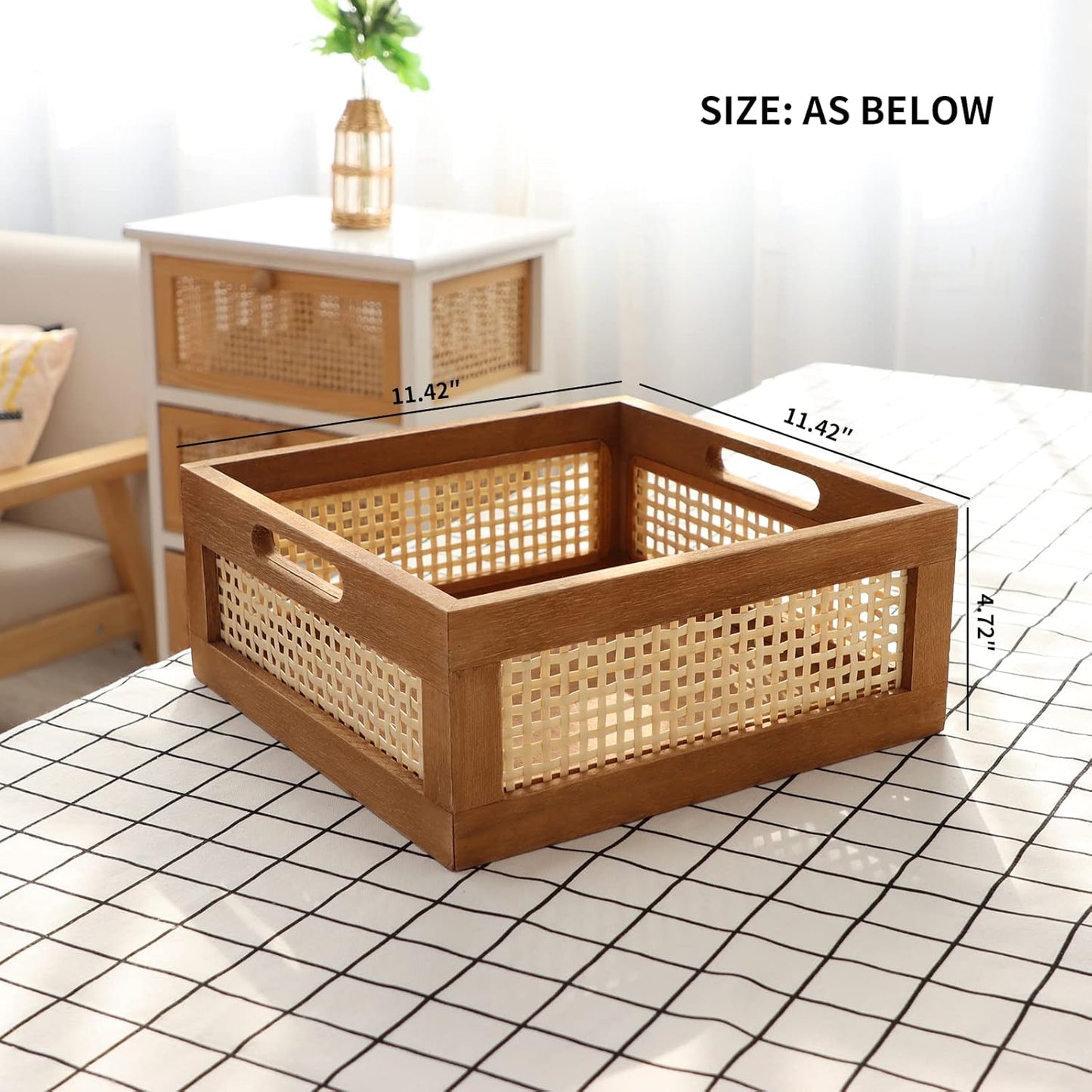 Woven Wooden Basket Wood Storage Crate Box, Bamboo Basket with Built-In Handles for Kitchen Pantry