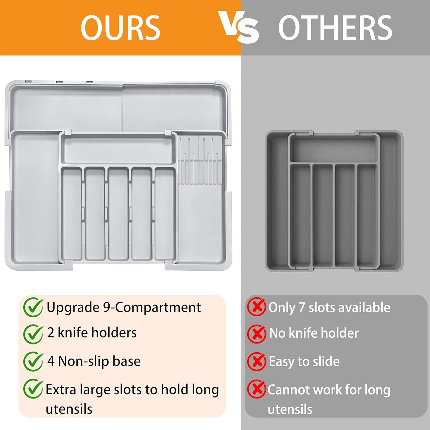 Silverware Drawer Organizer for Kitchen, Adjustable Utensil Drawer Organizer with 2 Knife Block