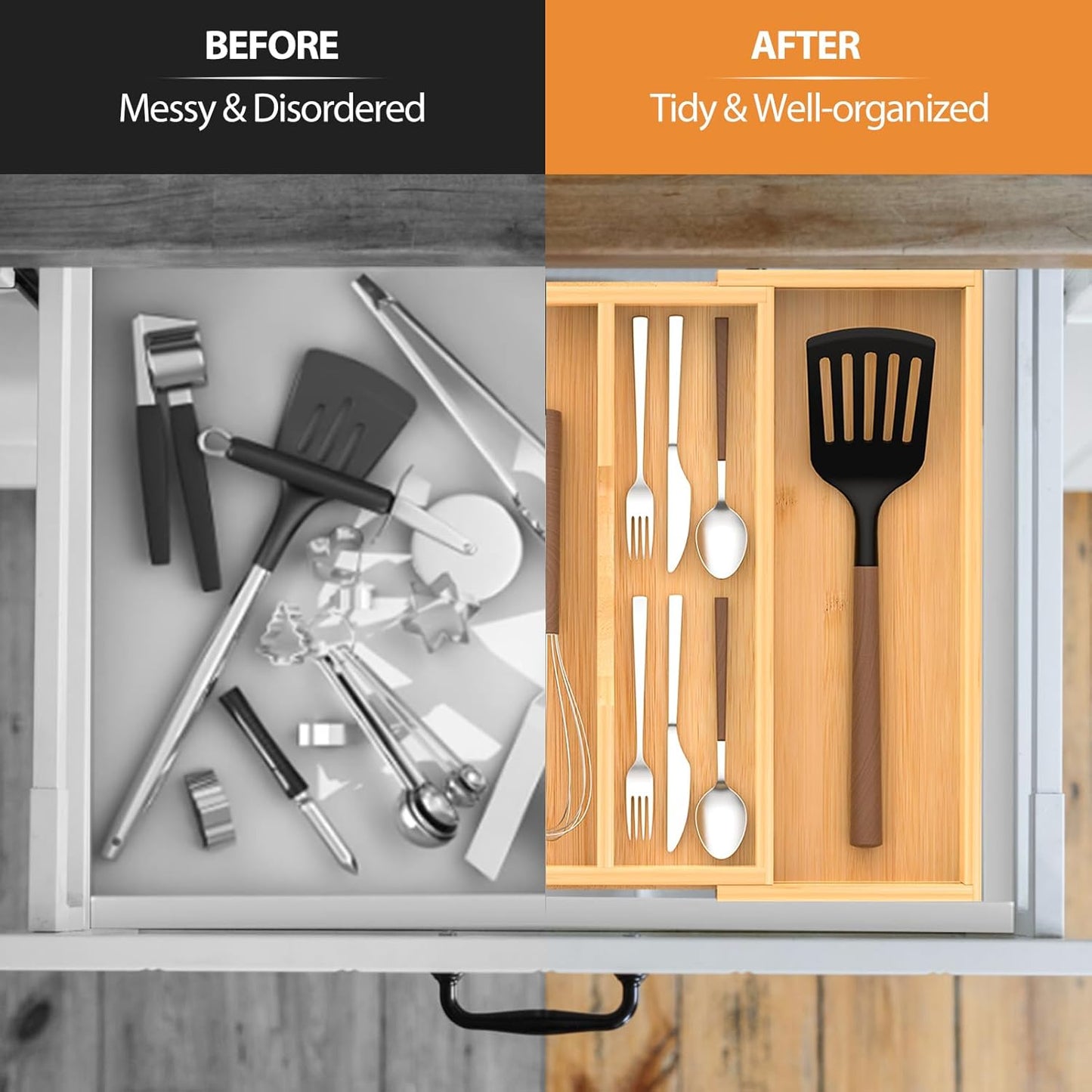 Bamboo Expandable Kitchen Drawer Organizer, 13" to 23" Adjustable Utensils and Cutlery Tray