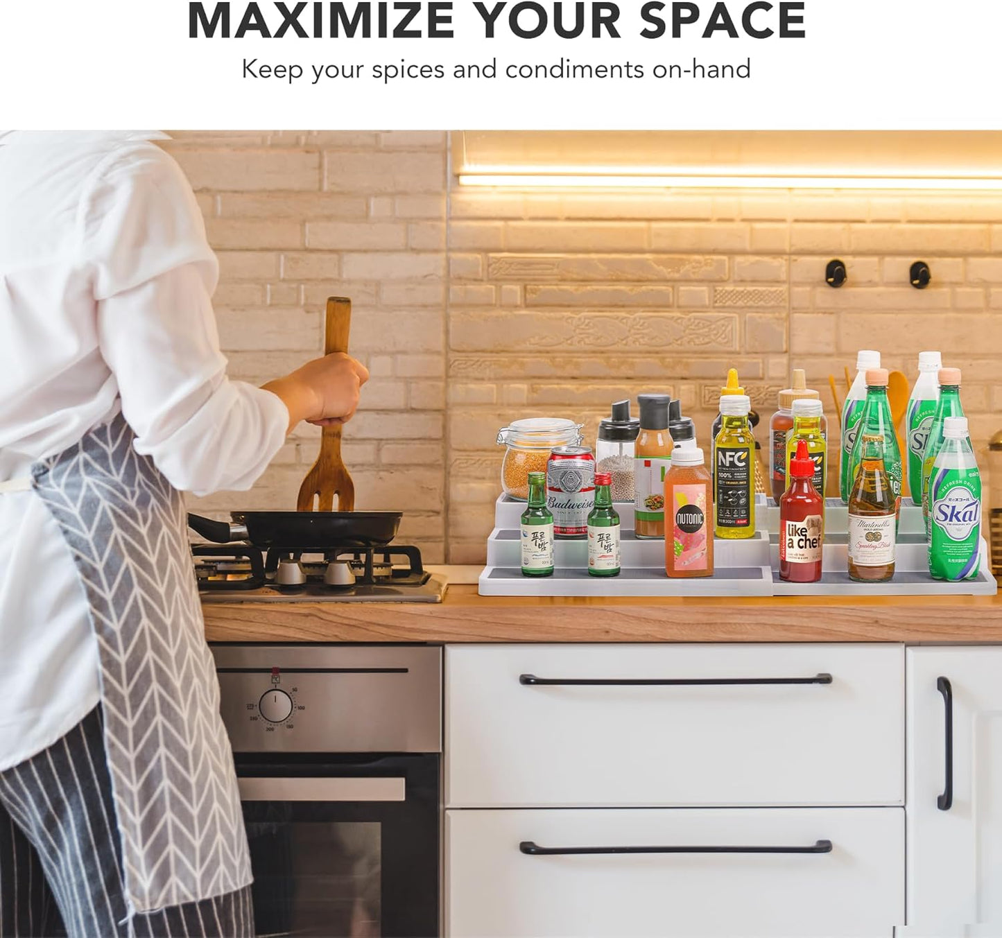3 Tier Expandable Spice Rack Organizer, White/Grey Plastic Spice Rack