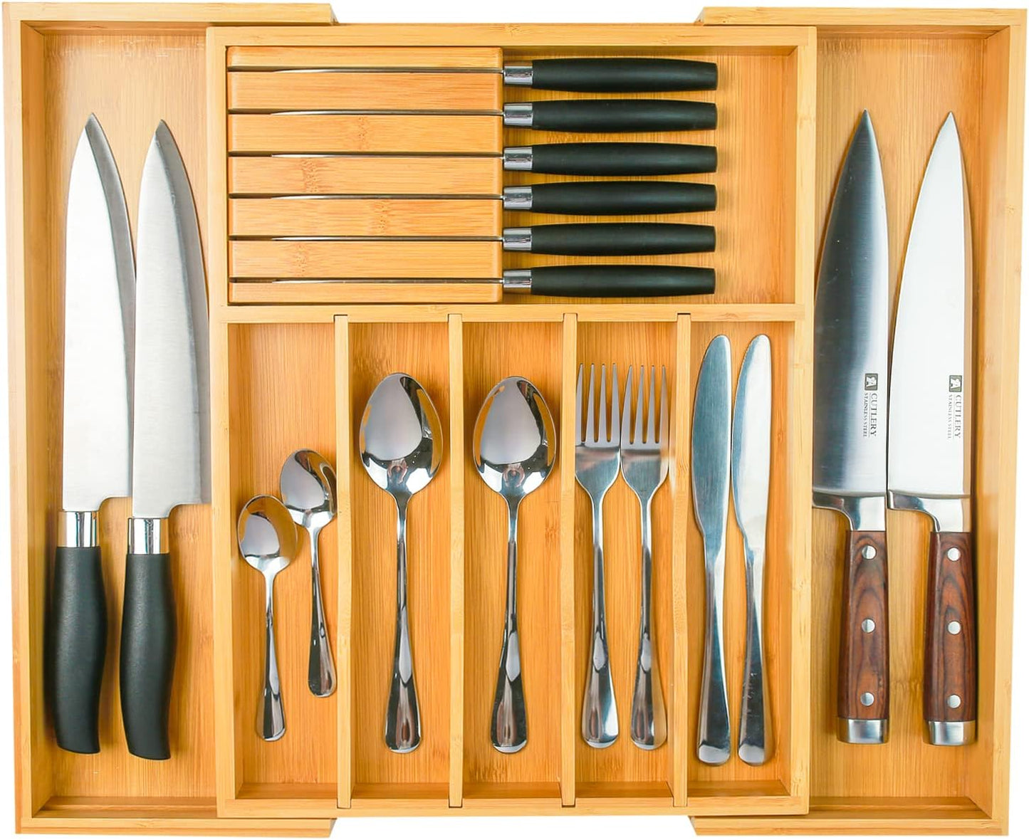Wencrfat Silverware Drawer Organizer with Removable Knife Block and Dividers