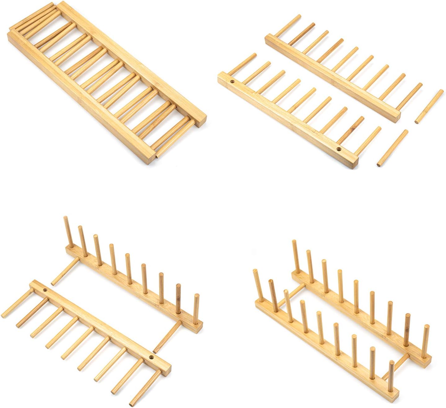 4 Pack Bamboo Dish Drying Rack, Plate Rack Stand Pot Lid Holder, Dish Organizer Racks for Plates