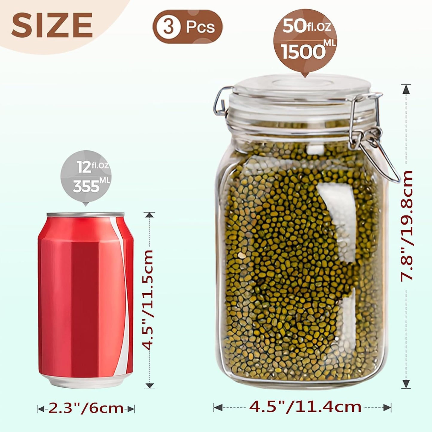 Clear Food Storage Jars 50oz Square, Airtight Glass Canister with Lids Set of 3