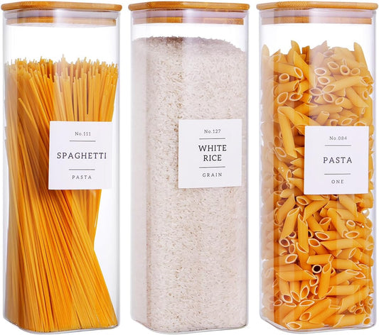 3 Pack Square Kitchen Storage Jars with Airtight Bamboo Lids and 132 Pantry Labels