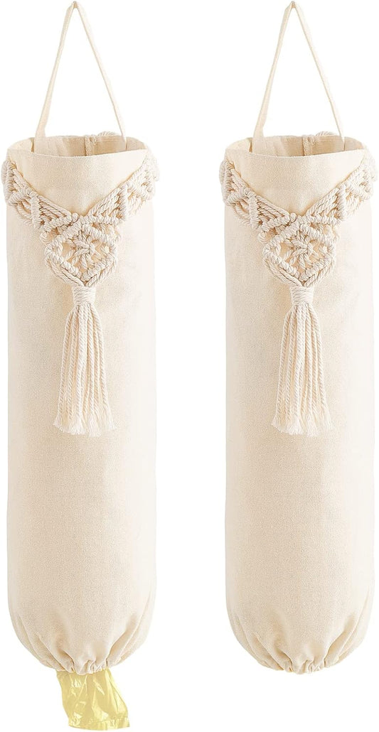 2 Pack Macrame Plastic Bag Holder Grocery Organizer Shopping Trash Bag Dispenser Camper Boho Decor Storage for Kitchen Closet Pantry Laundry Room, Ivory, 6.3”W x 15.7”L