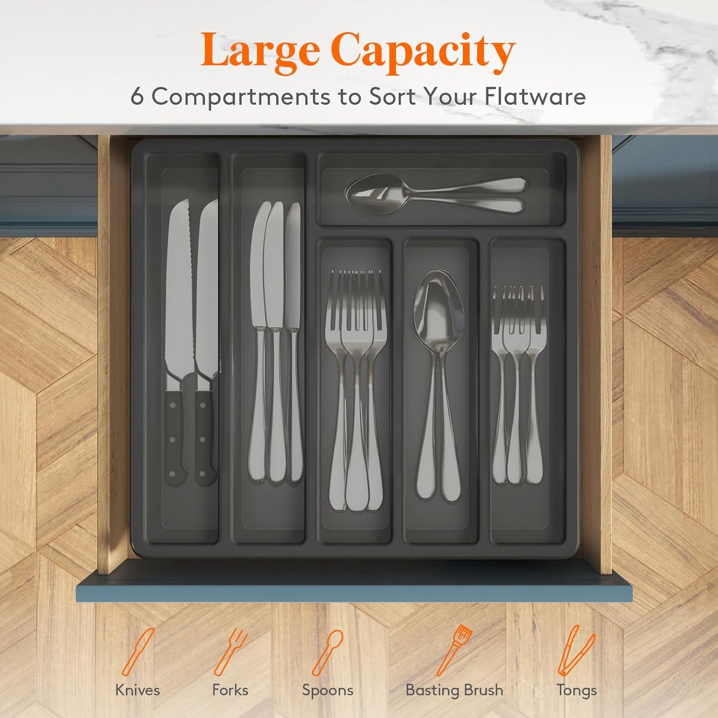 Silverware Organizer with Lid, Covered Utensil Tray for Kitchen Drawer and Countertop