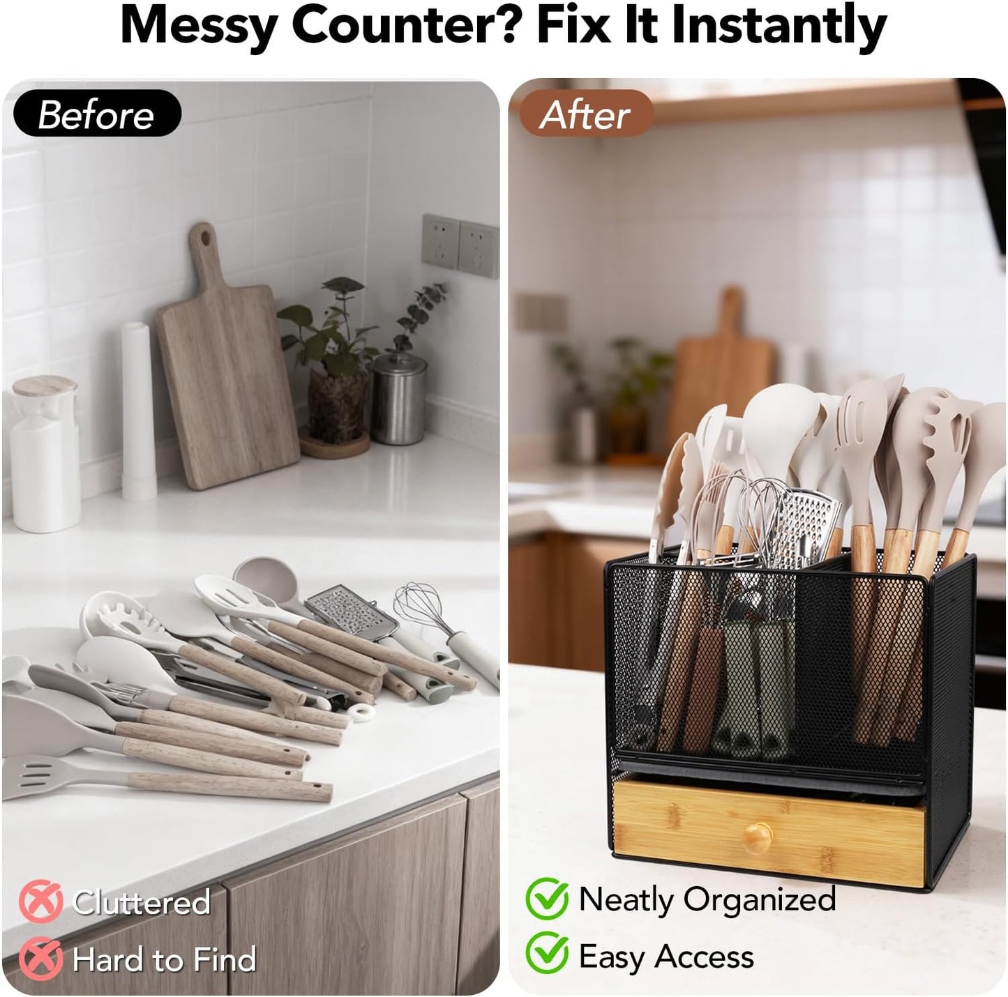 Kitchen Utensil Holder Countertop, Extra Large Utensil Organizer with Drawer