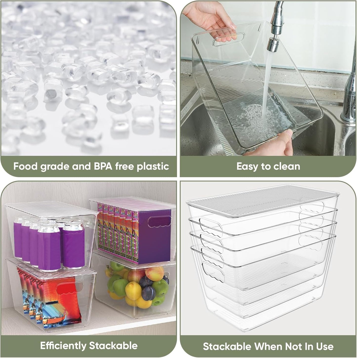 Clear Stackable Storage Bins with Lids, Plastic Containers with Handle for Pantry Organizers and Storage, Plastic Bins for Fridge, Kitchen, Bathroom, Cabinet (11x7.5x6, 8PK)
