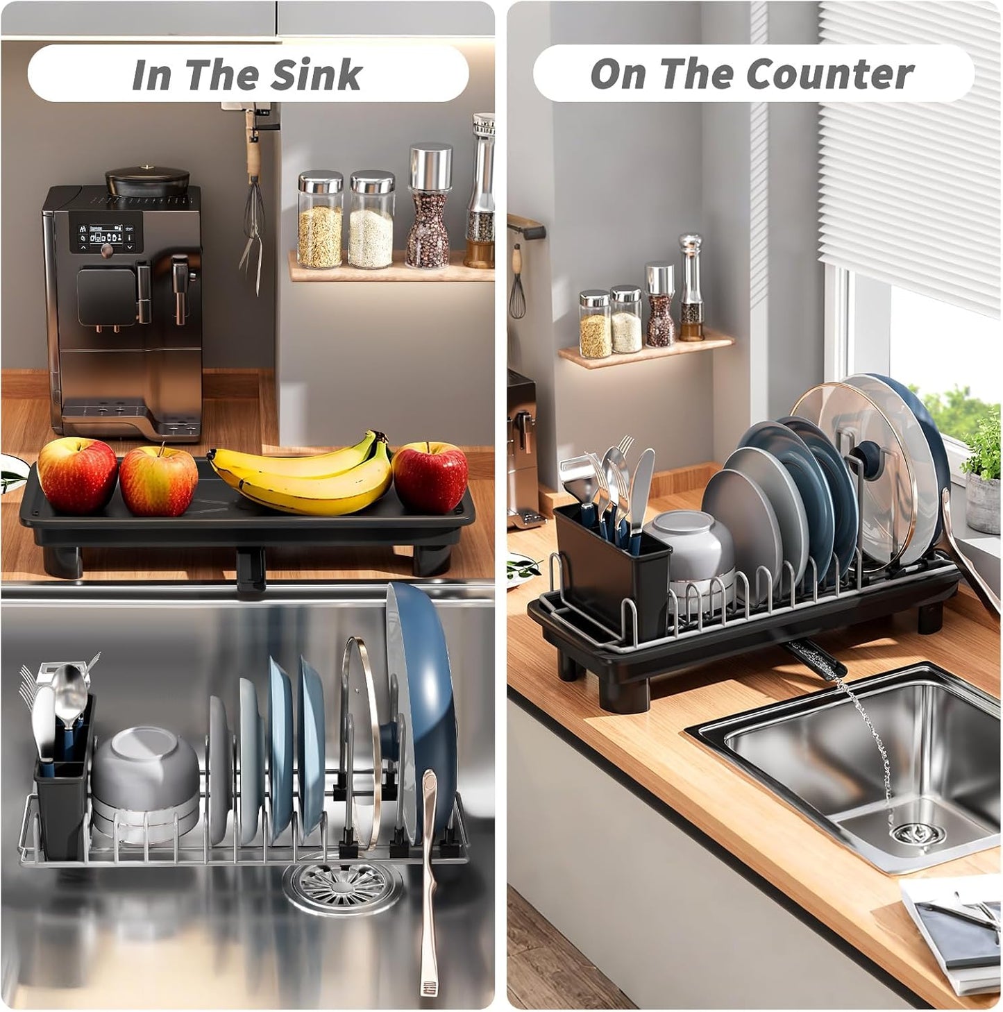 Small Dish Drying Rack with Removable Utensil Holder & Anti-Scratch Base