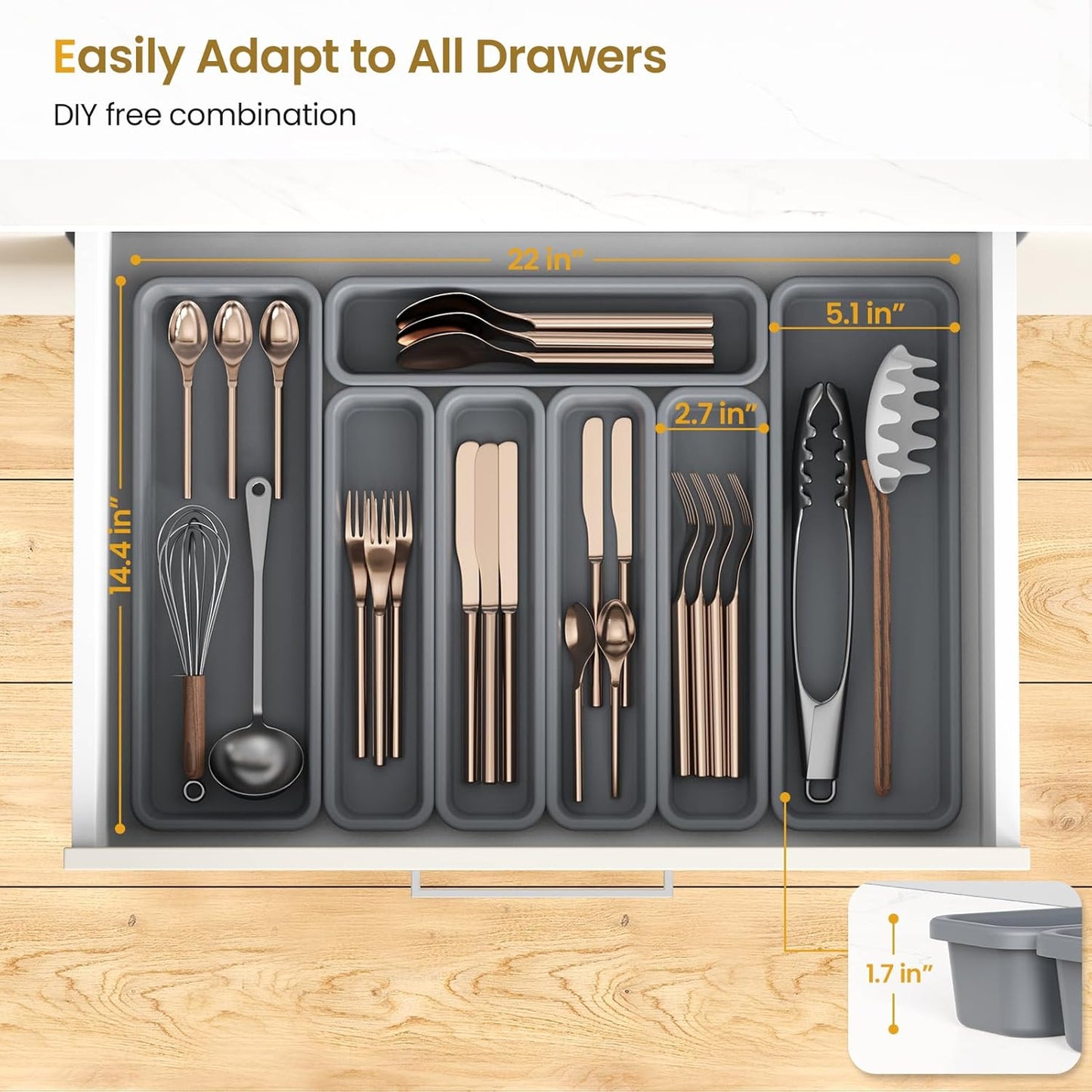 7 Pack Silicone Silverware Drawer Organizer, DIY Free Combination Kitchen Drawer Organizer