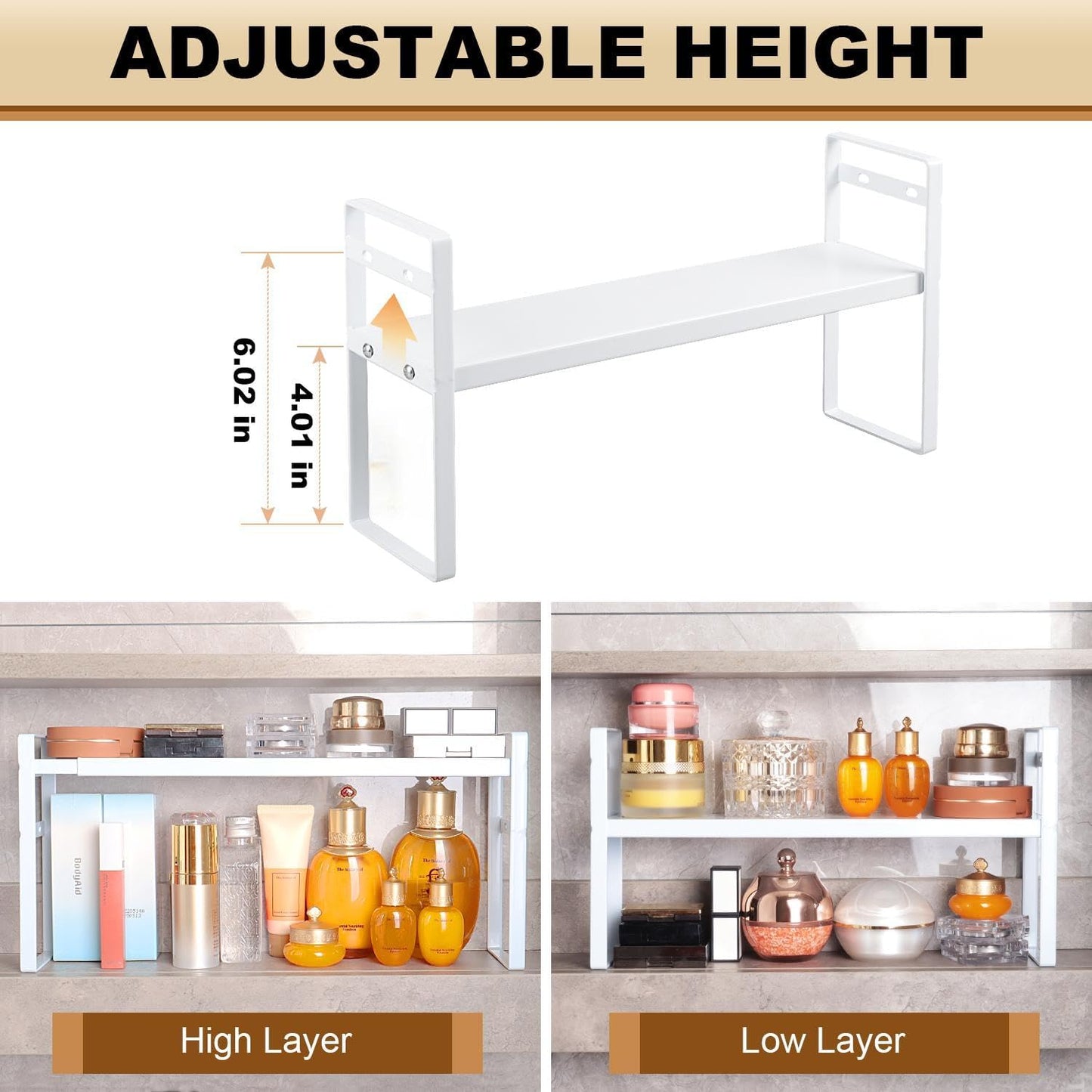 Small Expandable Medicine Cabinet Shelf, 3.58” Wide Metal Storage Stand with Adjustable Layers & Non-Slip Pads for Kitchen, Pantry, & Bathroom – White