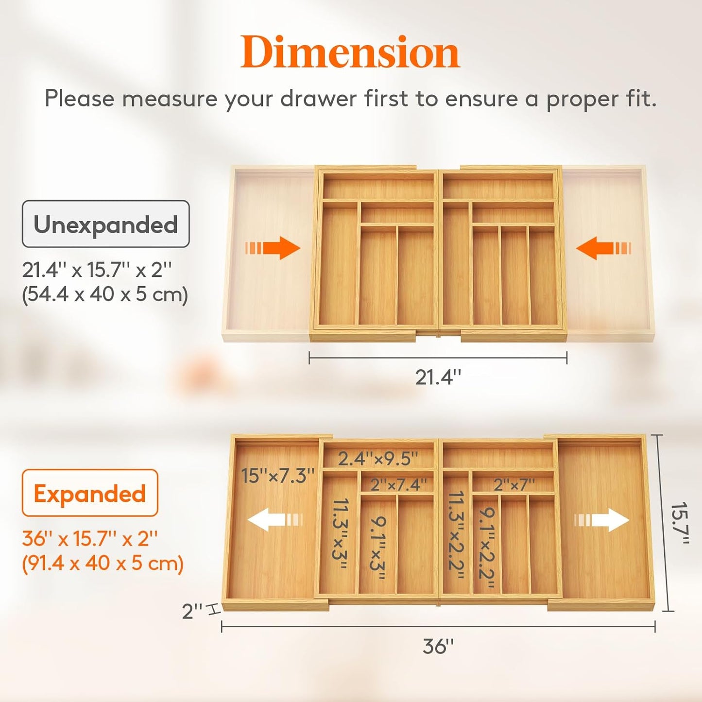 Large Silverware Drawer Organizer, Expandable 21.4 to 36 Inches Wide