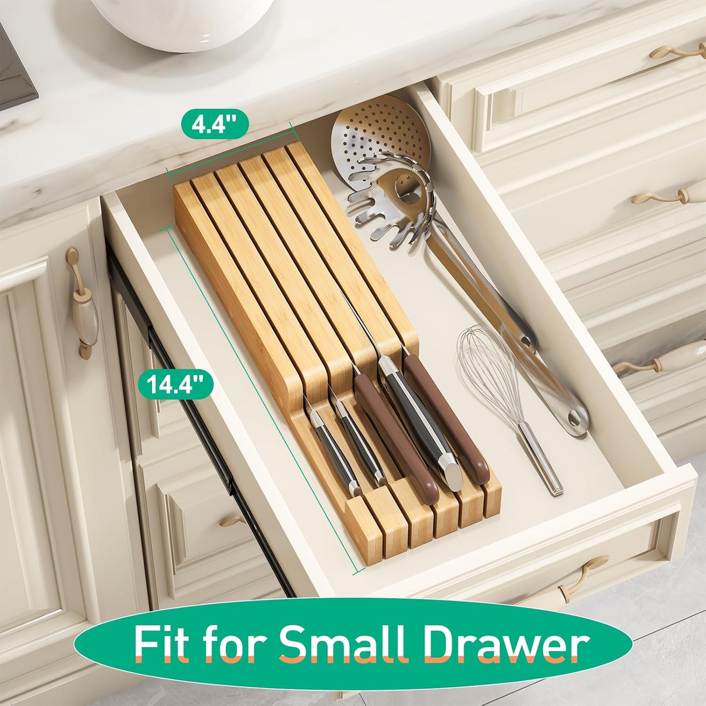 Knife Organizer Drawer Insert, In-Drawer Bamboo Wood Knife Block