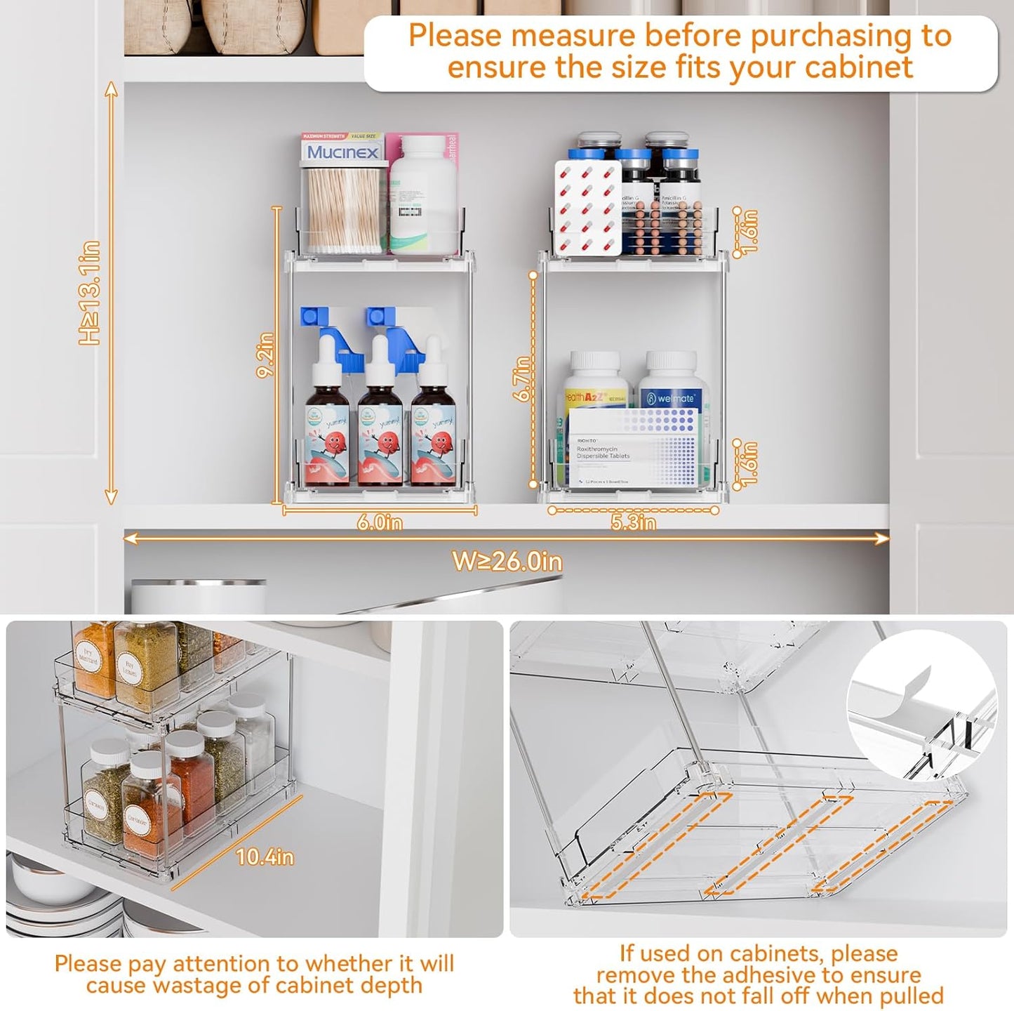 4 Pack 2 Tier Vertical Spice Rack Pull Out,10.4'' Deep Narrow Slide Out Spice Rack Organizer for Inside Cabinets,Kitchen,Pantry,Cupboard Seasoning,Can,Jar Organizer and Medicine Cabinet Storage