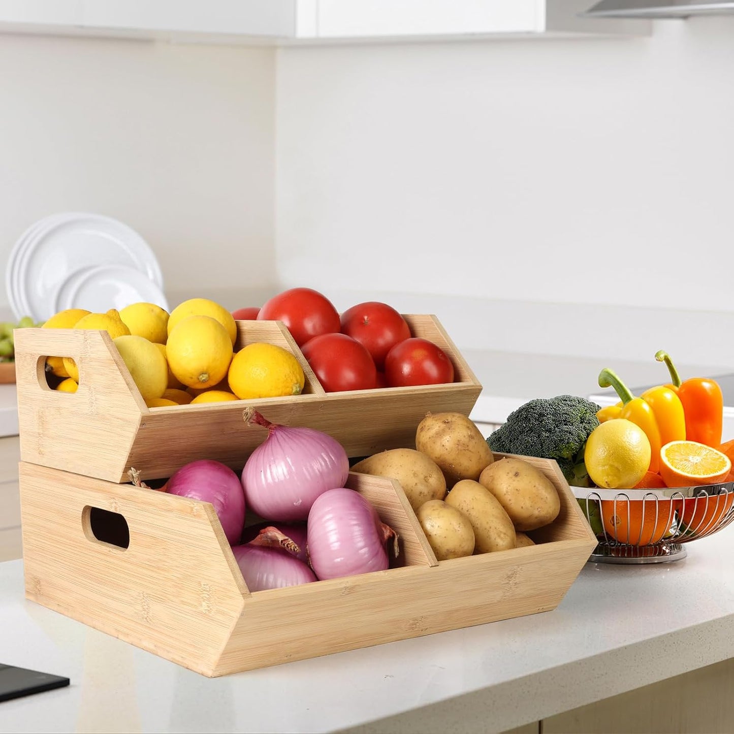 Bamboo Pantry Organizers and Storage Bins, 2 Set Stackable Baskets for Vegetables, Potatoes, Onion