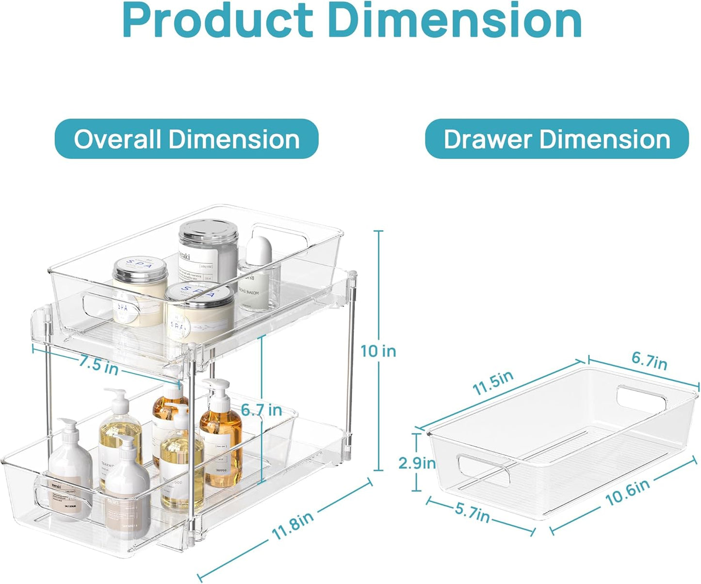 4 Pack Bathroom Organizer, 2 Tier Clear Under Sink Organizers Vanity Countertop Storage Container,Cabinet Drawers Bins, Pull-Out Organization with Track for Pantry, Kitchen
