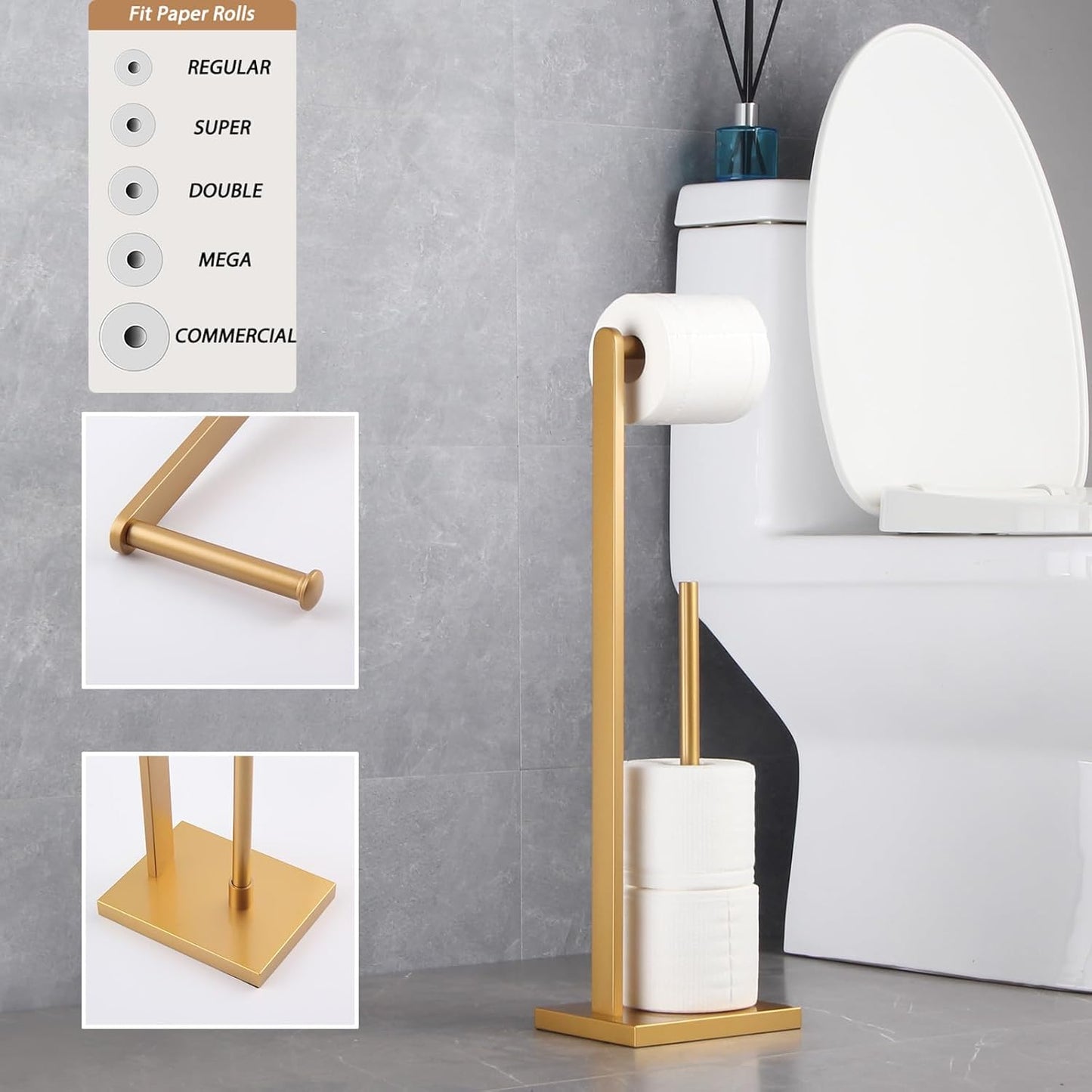 Gold Toilet Paper Holder Free Standing with Reserve SUS 304 Stainless Steel Stand Modern Paper Towel Holder DZY022-BE
