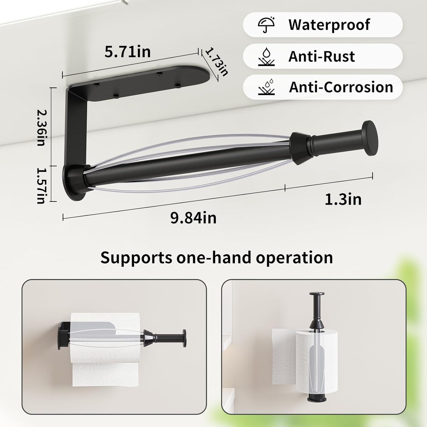 Paper Towel Holder Under Cabinet, Single Hand Operable Wall Mount Paper Towel Holder with Damping Effect, Bend-Resistant, Self-Adhesive or Drill Mounting for Kitchen Bathroom, Black