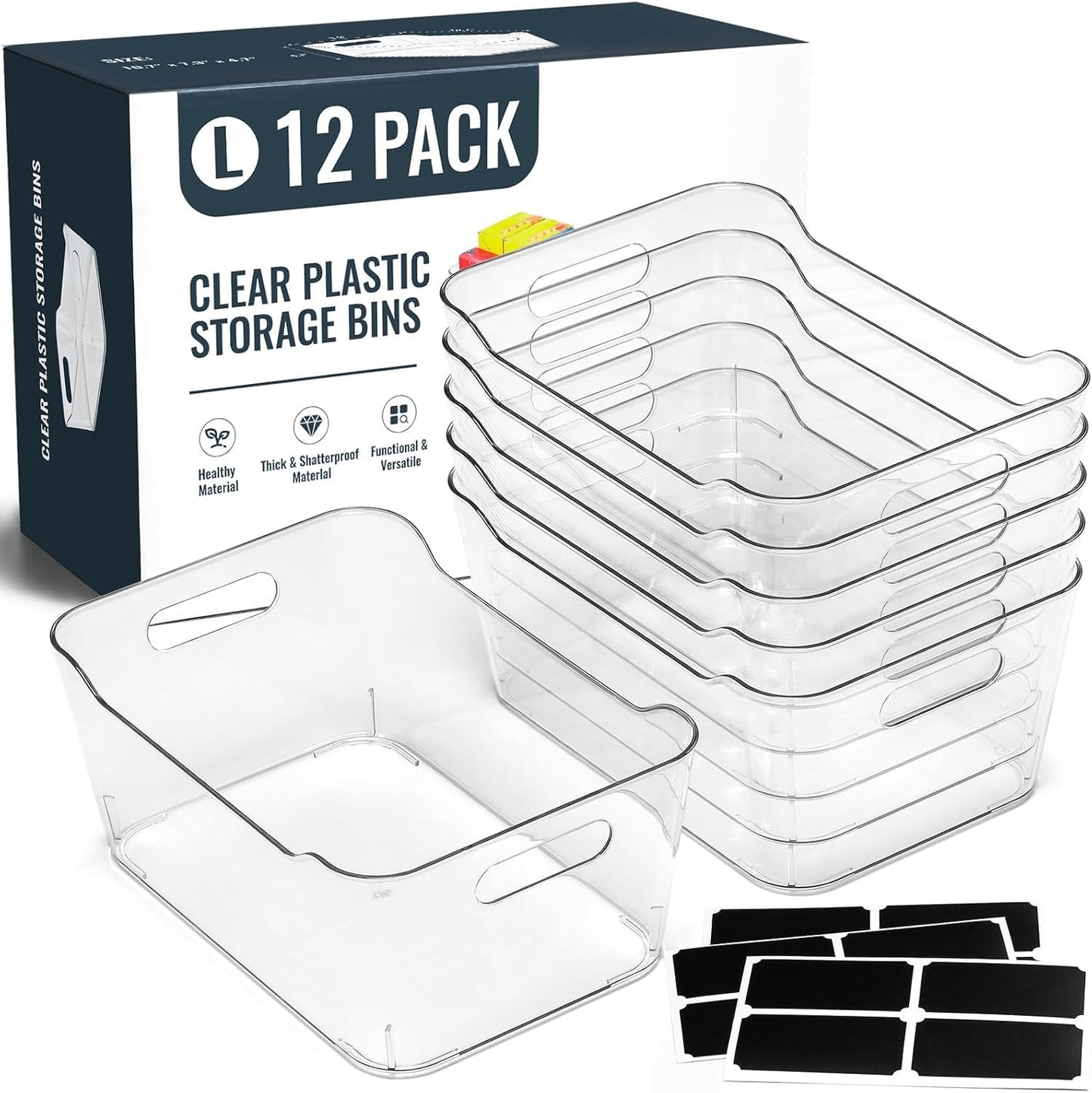 12 PACK Multi-Use Clear Plastic Storage Bins for Organizing w/Labels - Home, Kitchen, Pantry