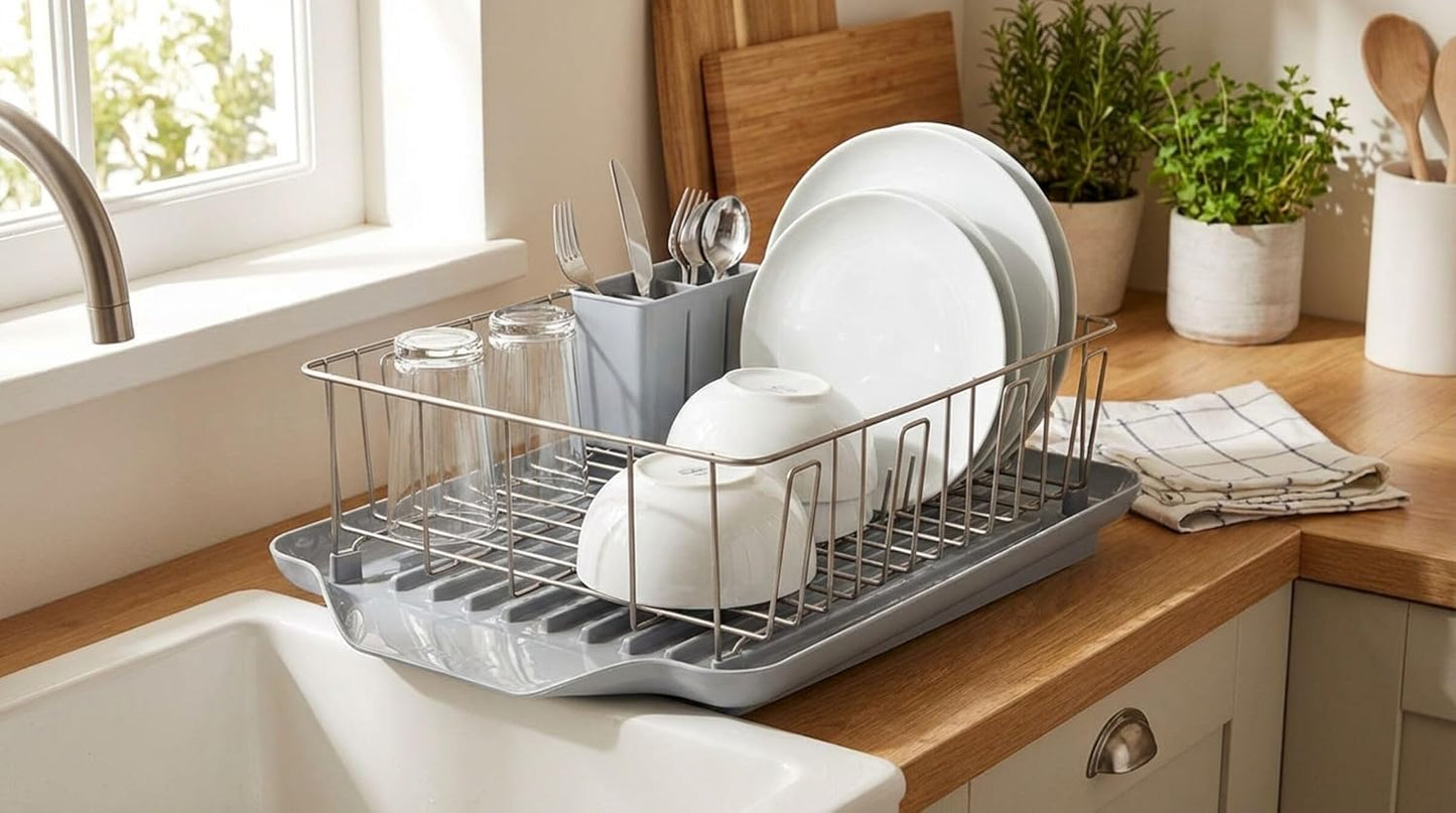 Classic 3-Piece Dish Drying Rack Set for Kitchen Counter, Gray - Rust-Resistant Wires