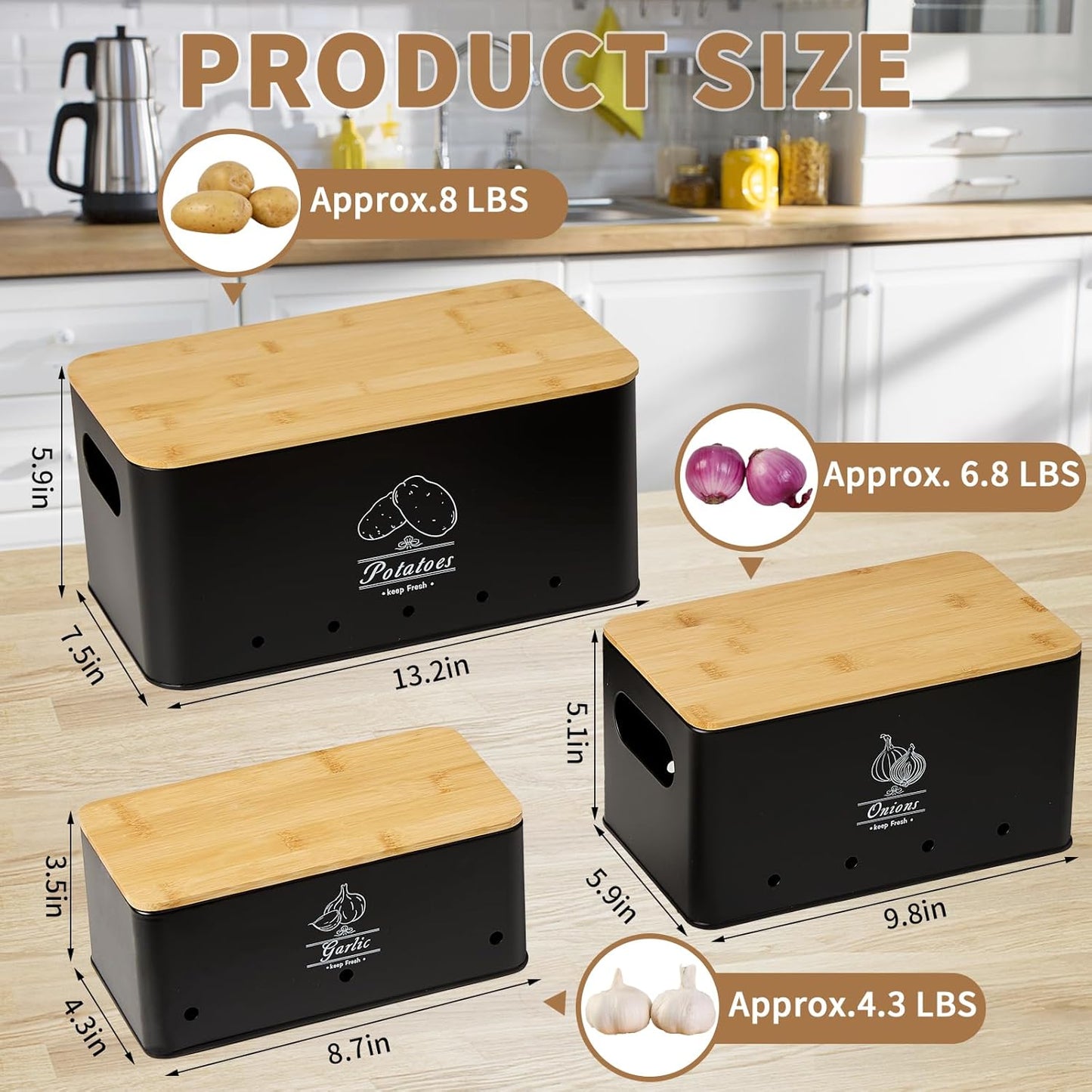 3 Pack Metal Vegetable Storage,Onion Storage,Potato Storage and Garlic Storage Set,Kitchen Vegetable Keeper,Stackable Pantry Organizers with Ventilation Holes and Bamboo Lids(BLACK)
