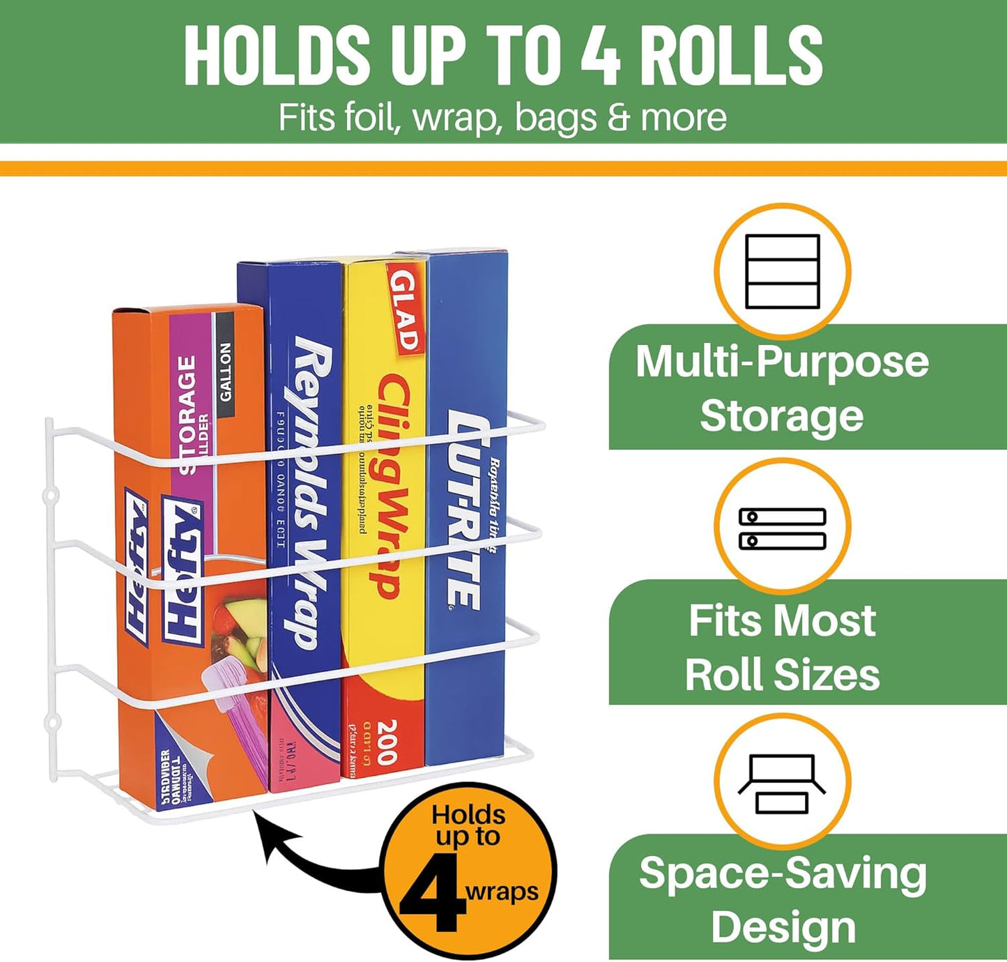 Kitchen Wrap Organizer - 2 Pack - Hold up to 4 Plastic, Foil, Paper, Wax - Cabinet Door
